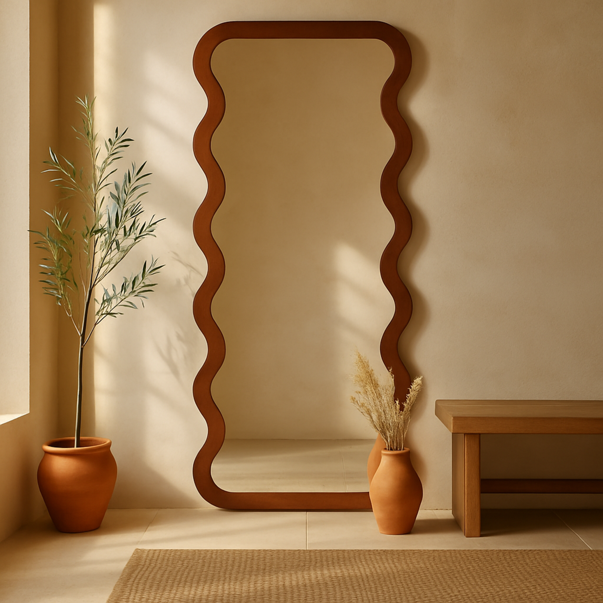 Dark Brown Wood Wavy Room Wall Mirror