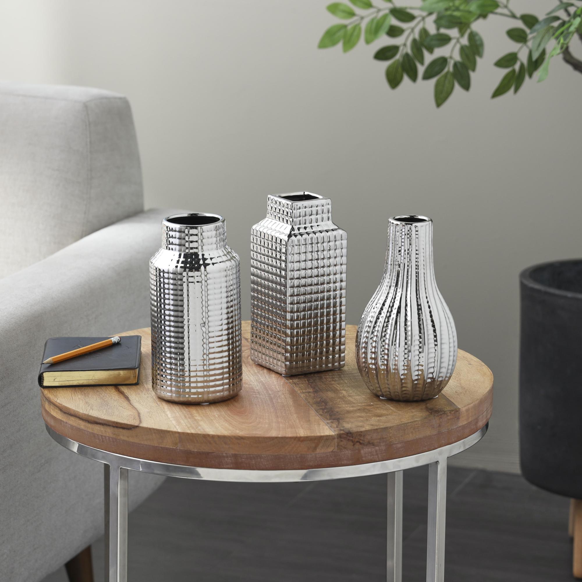 Set of 3 Geometric Ceramic Dimensional Textured Decorative Vase with Varying Shapes and Grid Patterns Set of 3 3"W, 8"H