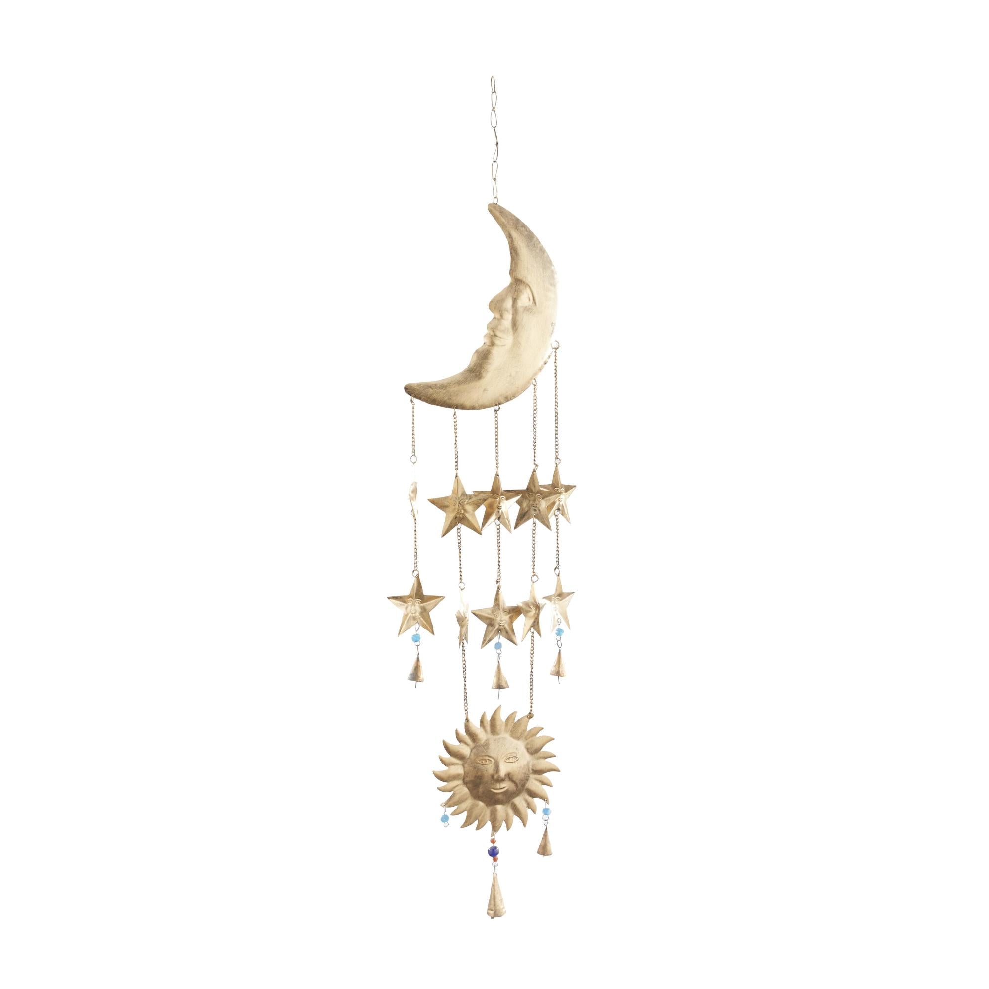 Sun and Moon Gold Metal Handmade Indoor Outdoor Windchime with Glass Beads and Cone Bells