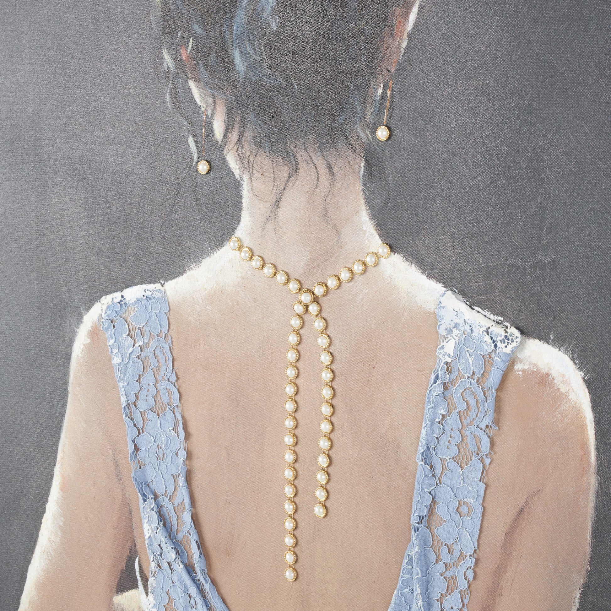Woman Multi Colored Canvas Living Room Framed Wall Art with 3D Blue Fabric Dress and Gold Jewels