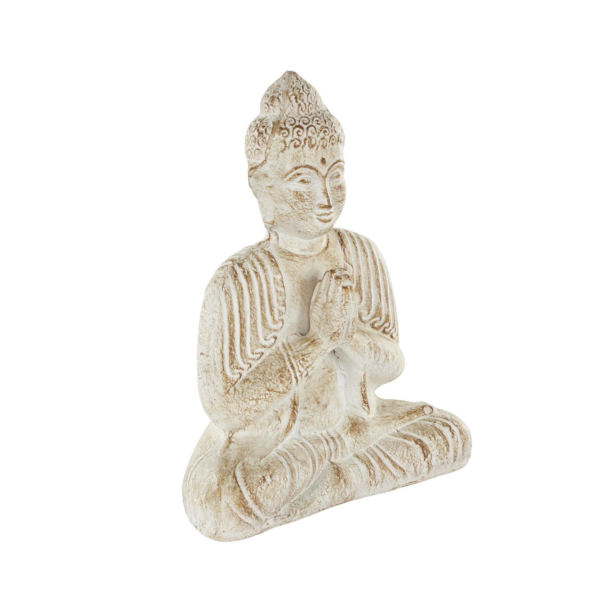 Buddha Cream Paper Mache Handmade Carved Decorative Sculpture with Brown Distressing