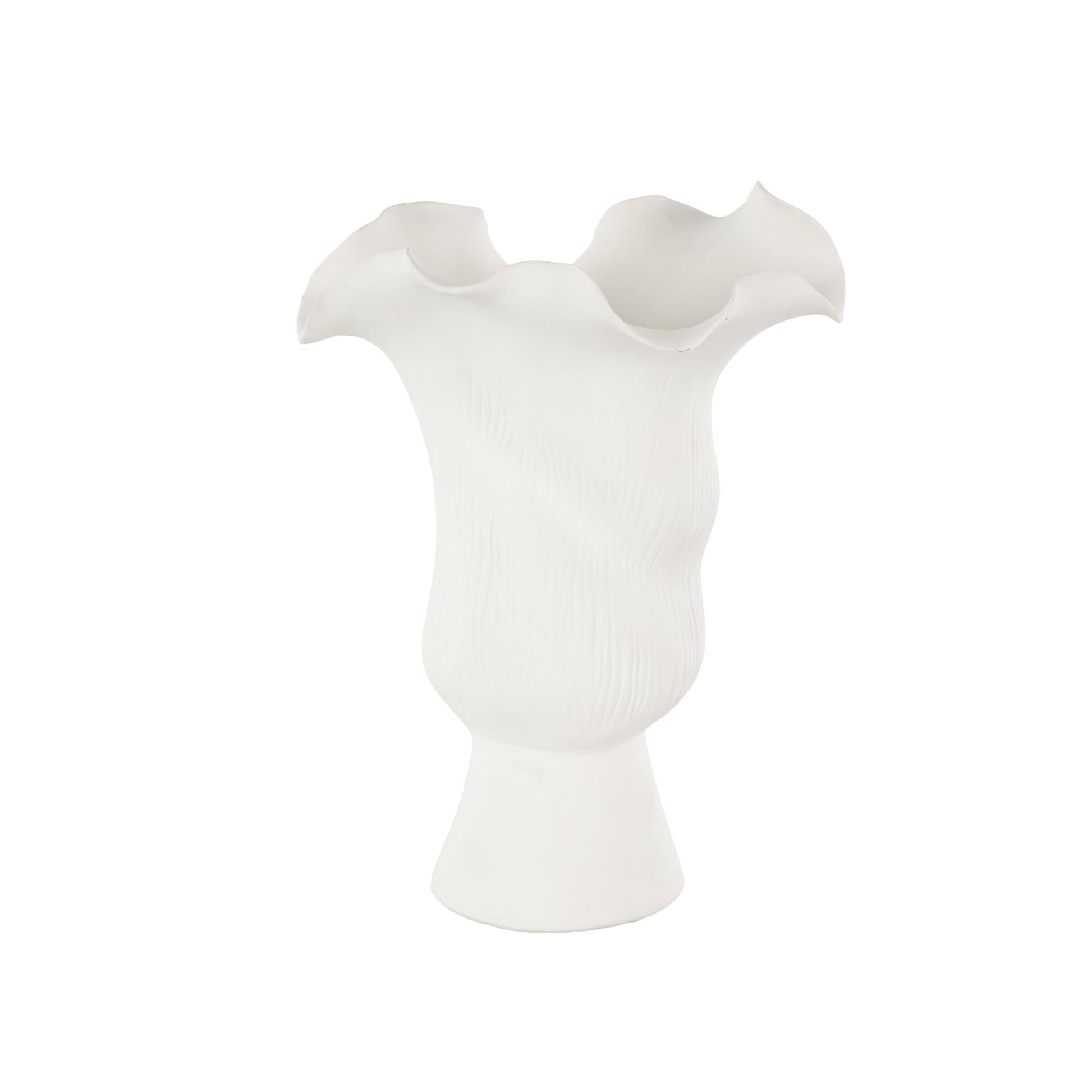 Abstract Ceramic Floral Inspired Decorative Vase with Wavy Folded Rim and Linear Grooves