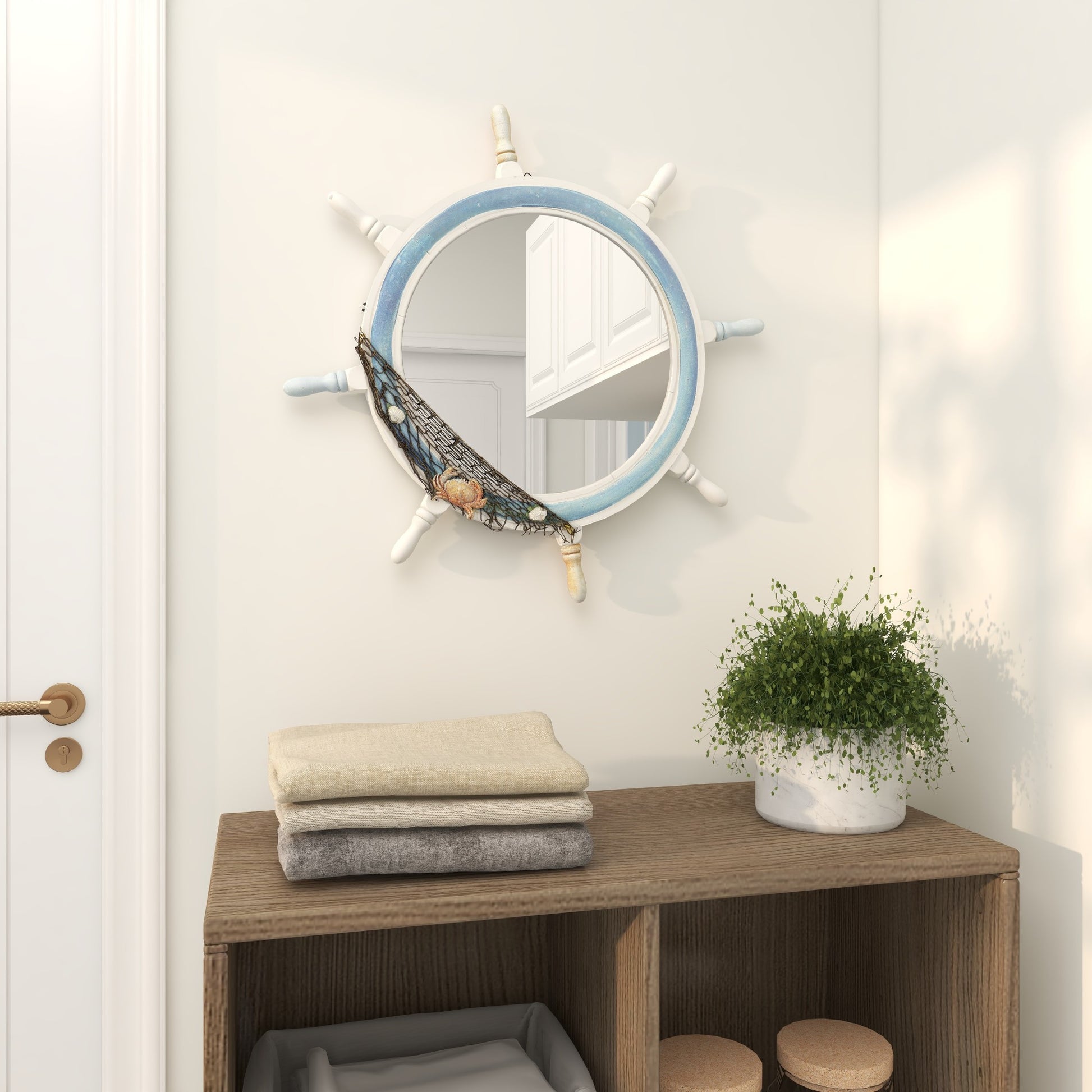 Ship Wheel Blue Wood Room Wall Mirror with White Spokes and Sealife with Netting Accent