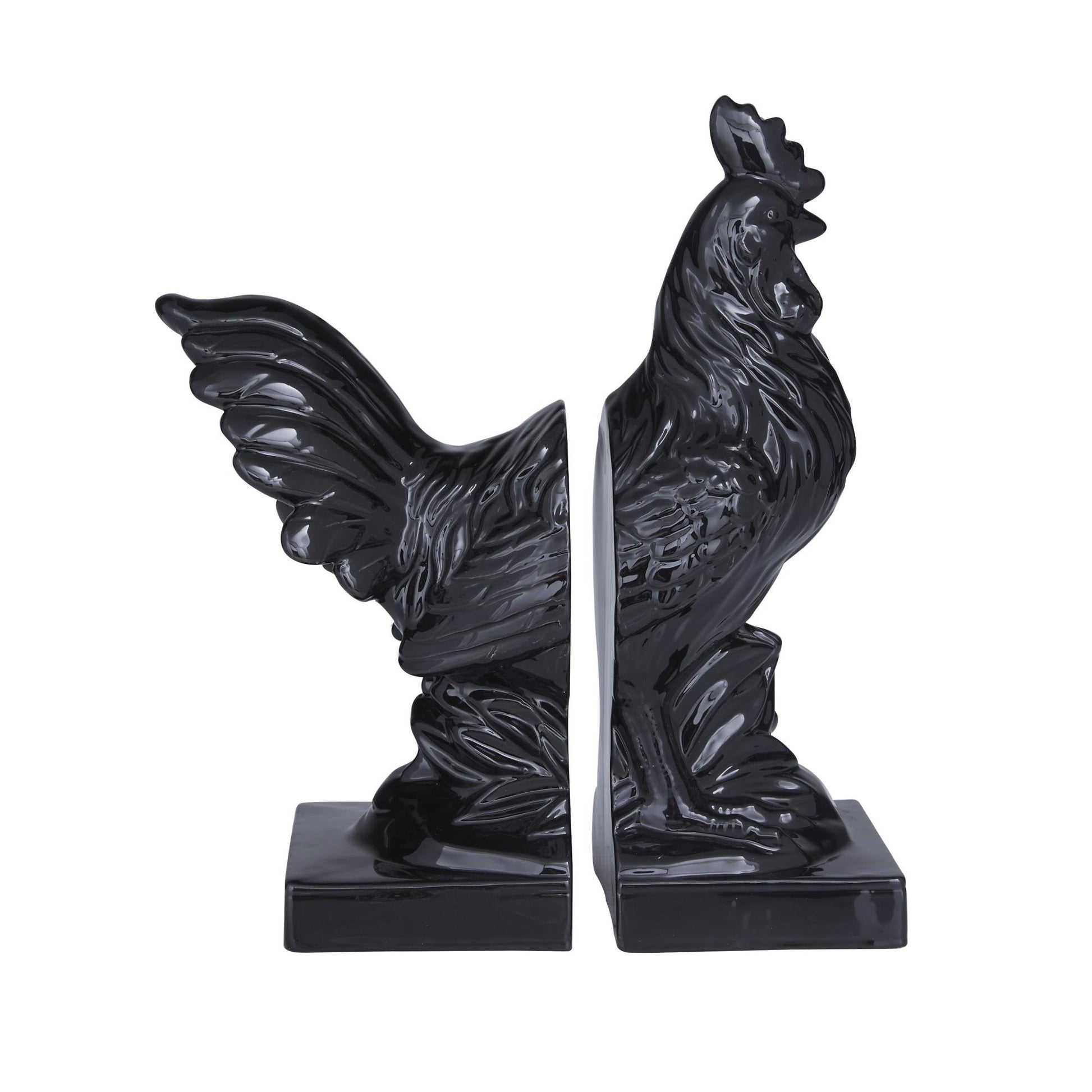 Set of 2 Rooster Black Ceramic Decorative Bookends with Enamel Exterior