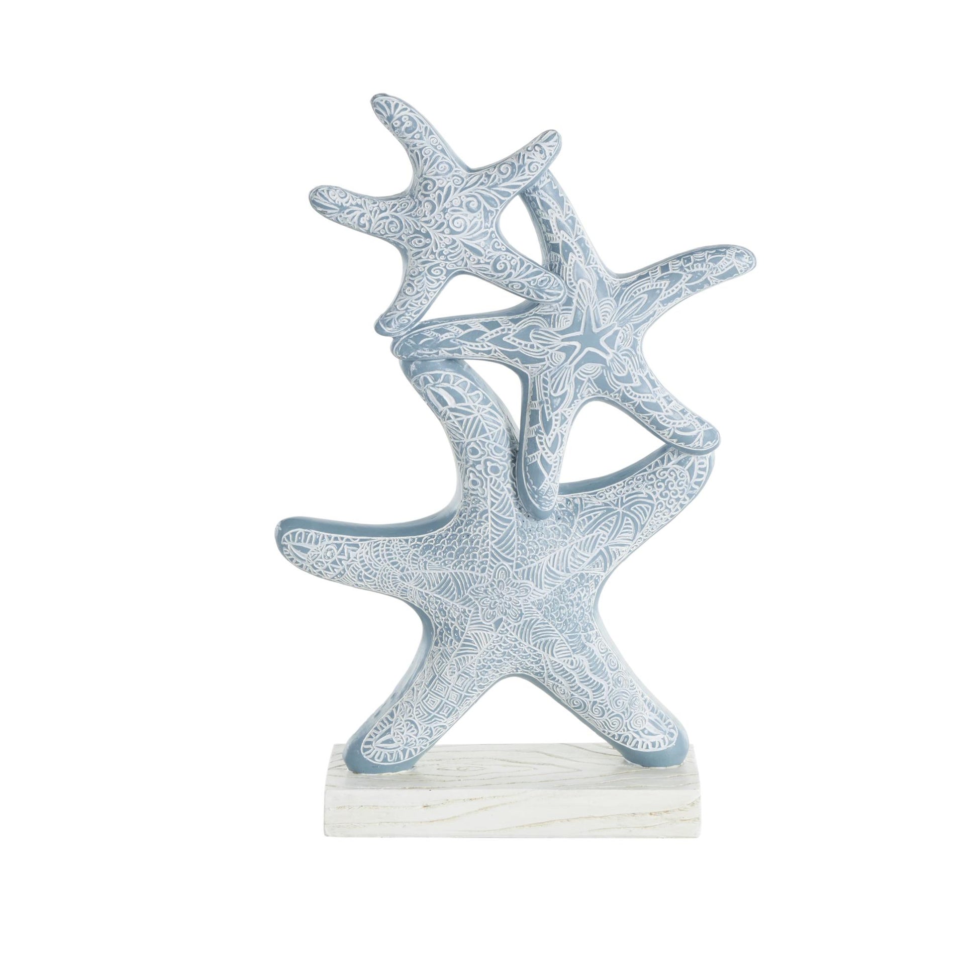 Starfish Blue Polystone Stacked Decorative Sculpture with Engraved Floral and Scroll Patterns