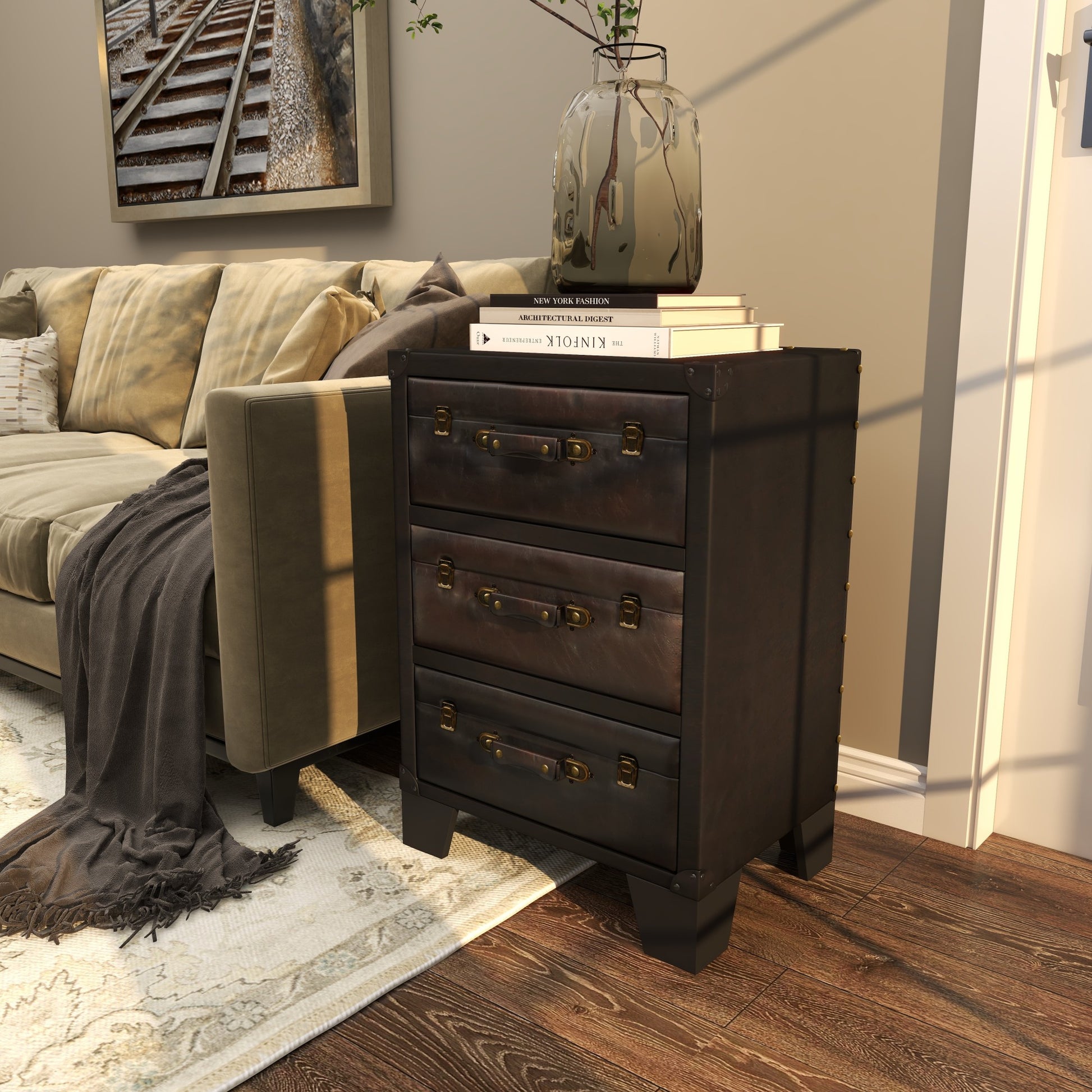 Dark Brown Faux Leather Vintage Faux Leather 3 Drawer Room Chest with Gold Buckle and Strap Accents