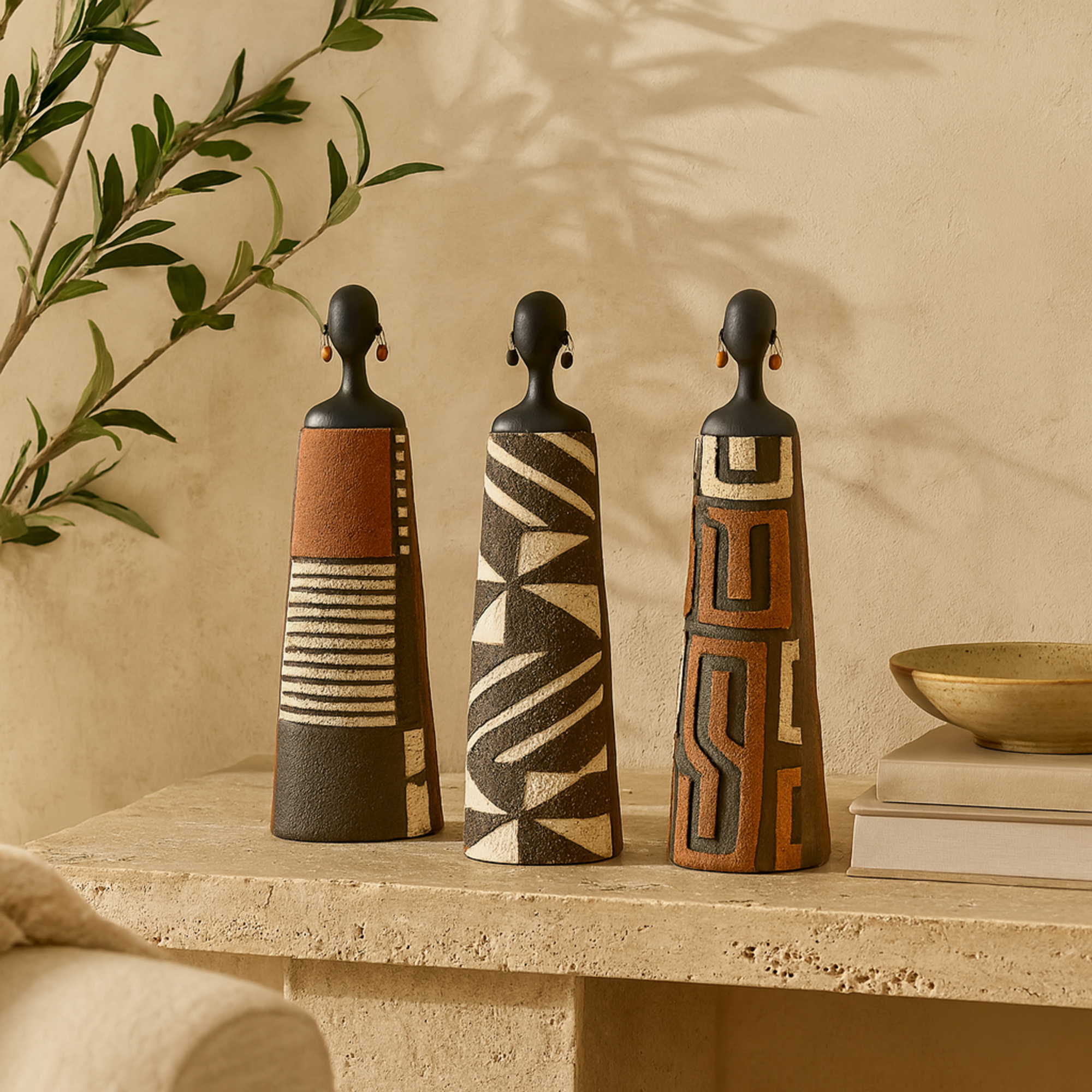 Set of 3 Woman Black Resin African Decorative Sculpture with Red, Orange, and White Dresswear