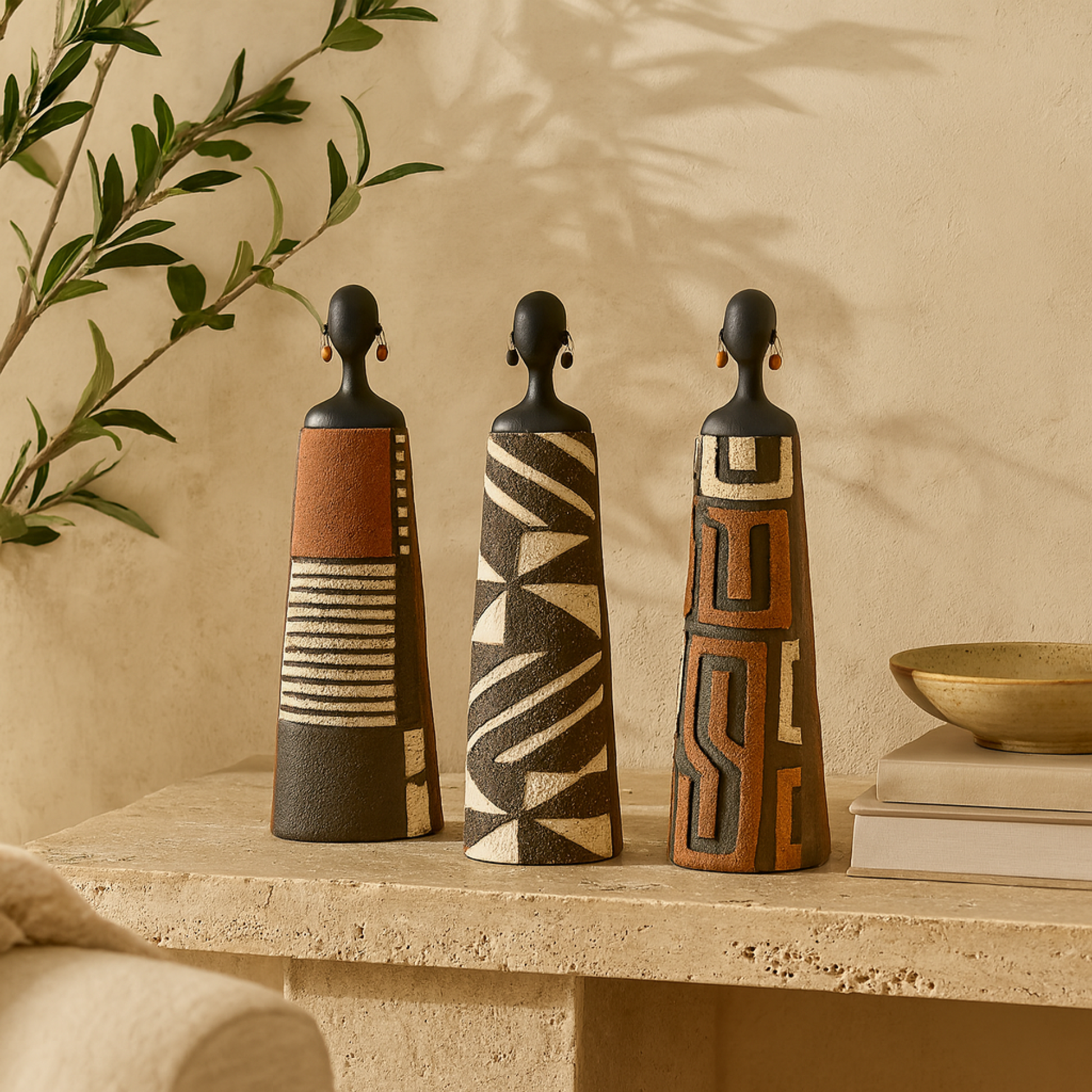 Set of 3 Woman Black Resin African Decorative Sculpture with Red, Orange, and White Dresswear