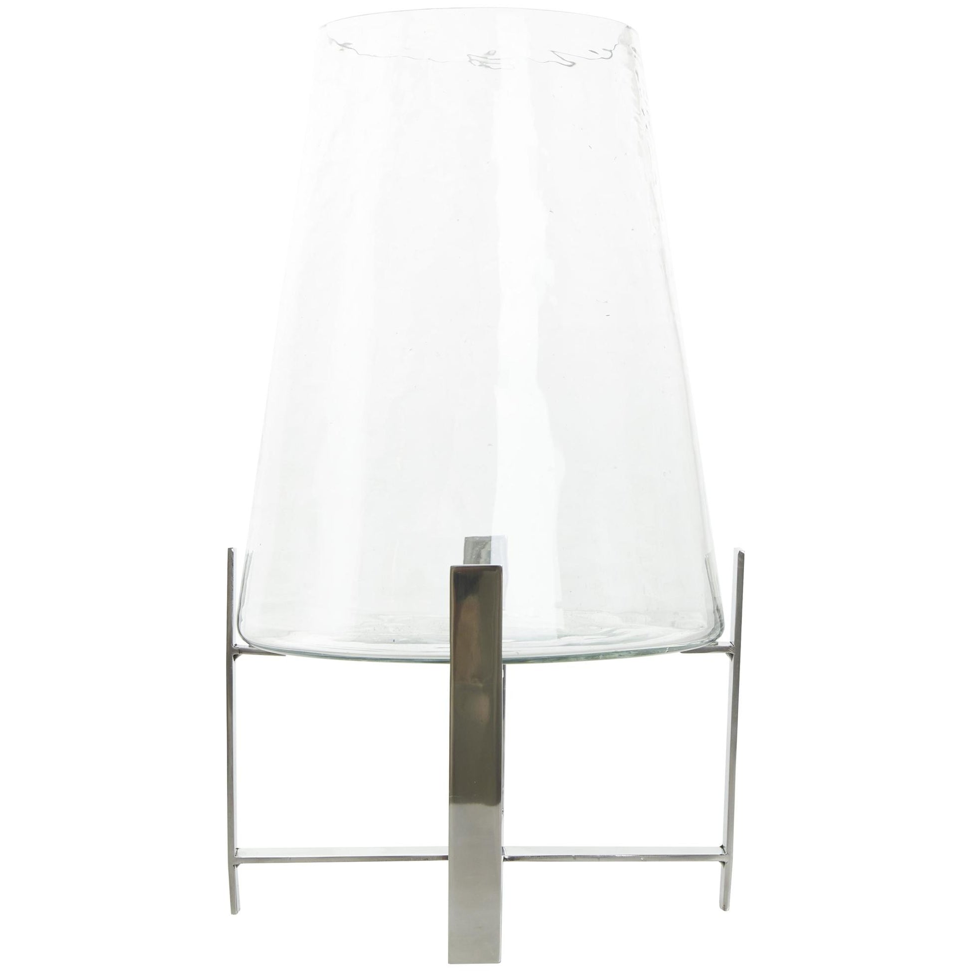 Clear Stainless Steel Metal Room Hurricane Lamp with Stainless Steel X Shaped Base