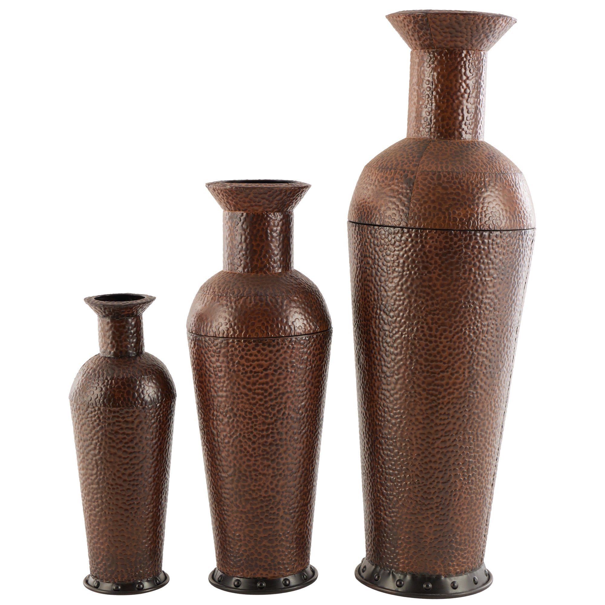 Set of 3 Dark Brown Metal Indoor Outdoor Tall Floor Bottleneck Decorative Vase with Bubble Texture and Studs
