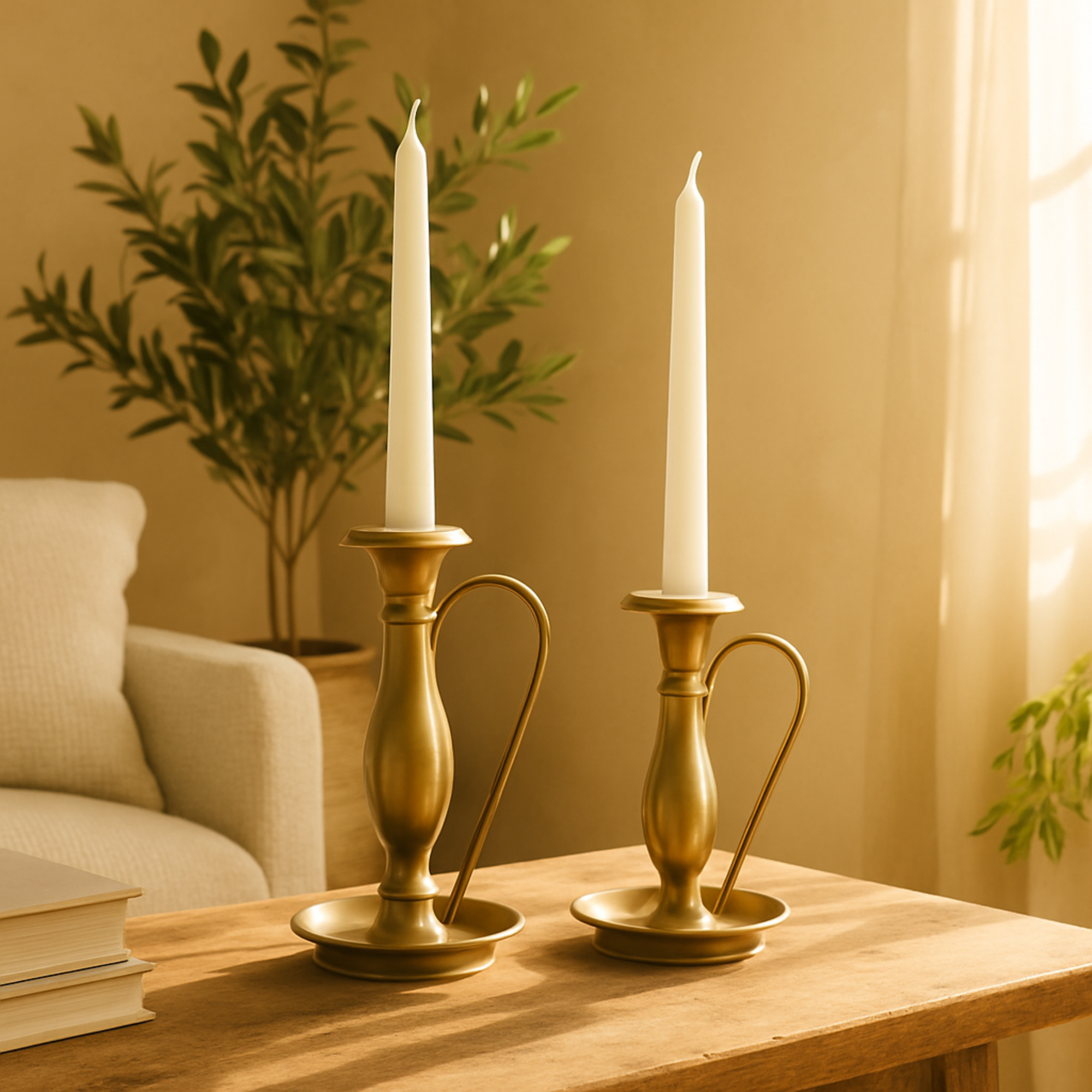 Set of 2 Bronze Metal Antique Style Decorative Candle Holder with Candle Plates and Handles