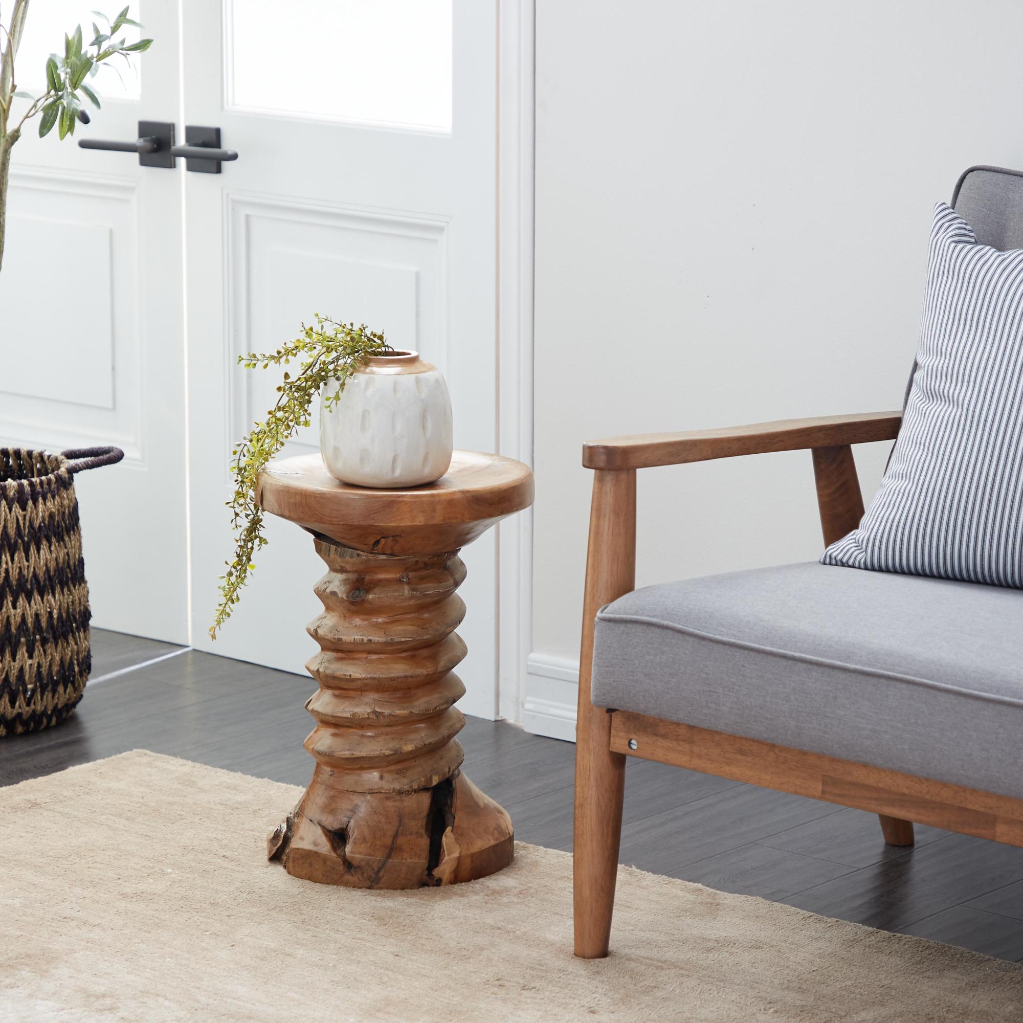 Brown Teak Wood Handmade Live Edge Side End Accent Table with Coiled Base