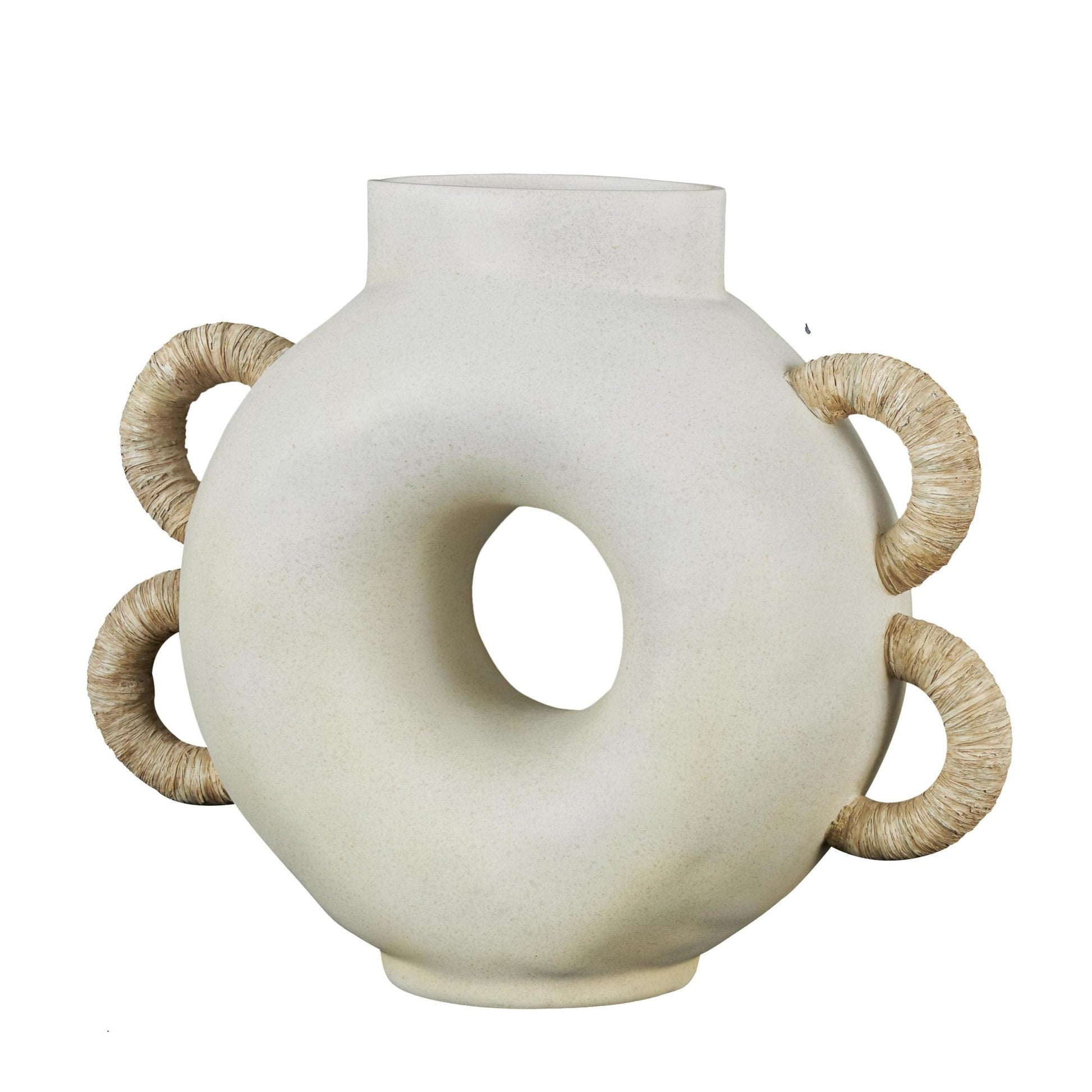 Geometric Cream Resin Round Speckled Decorative Vase with Woven Inspired Arched Handles and Cutout Opening