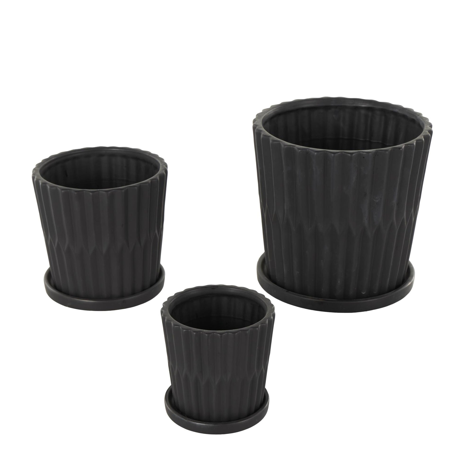 Set of 3 Ceramic Ribbed Indoor Outdoor Planter with Attached Saucer Set of 3 8",6",5"H