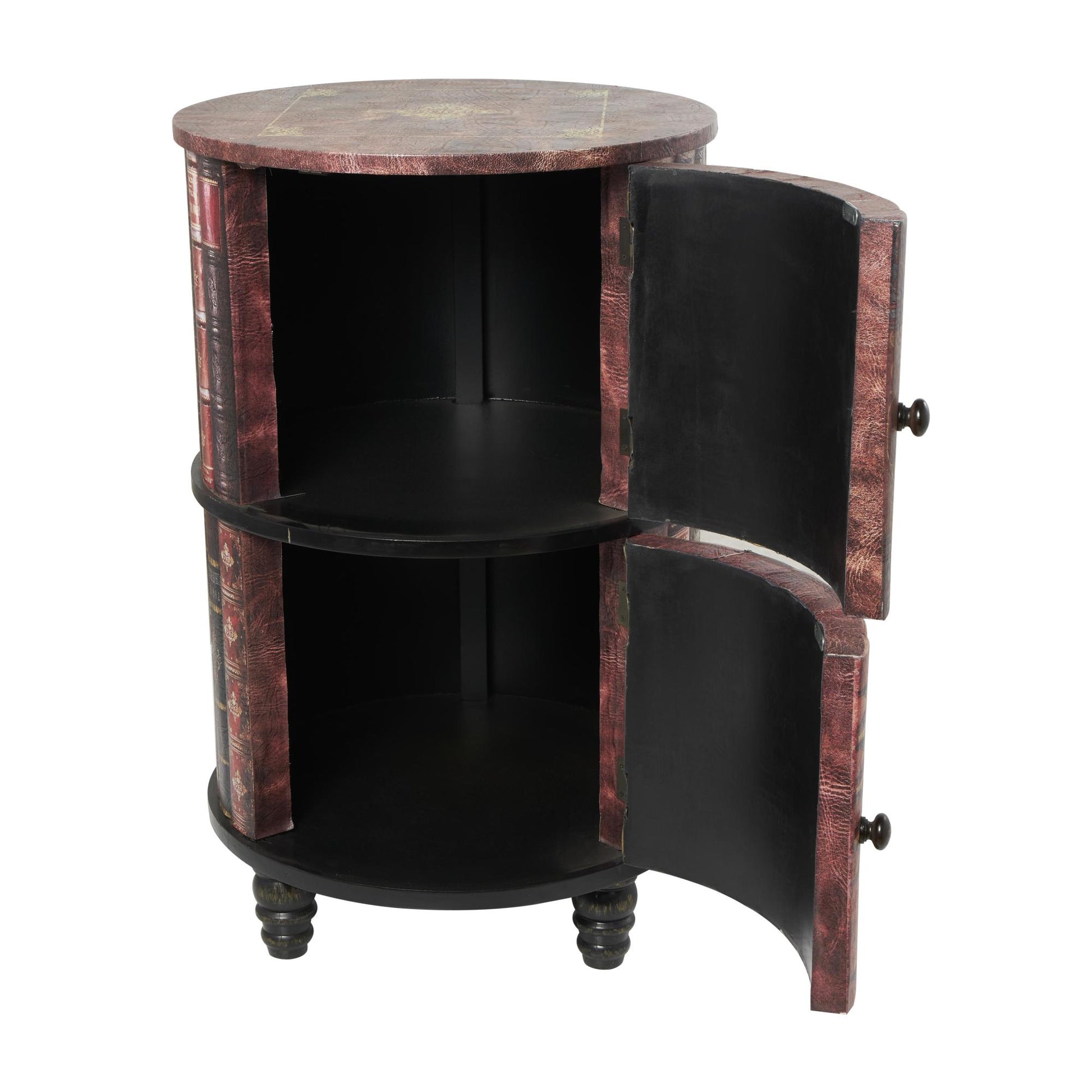 Red Faux Leather Circular Storage 2 Door Room Cabinet with Stacked Book Design and Scroll Details