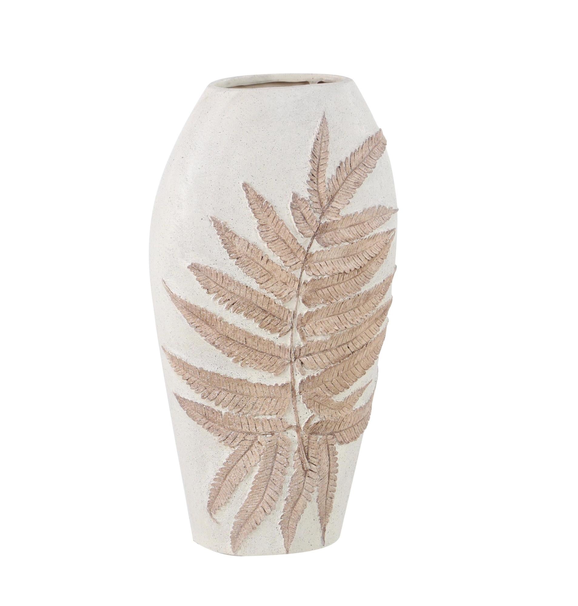 Leaf White Polystone Decorative Vase with Brown Dimensional Leaves