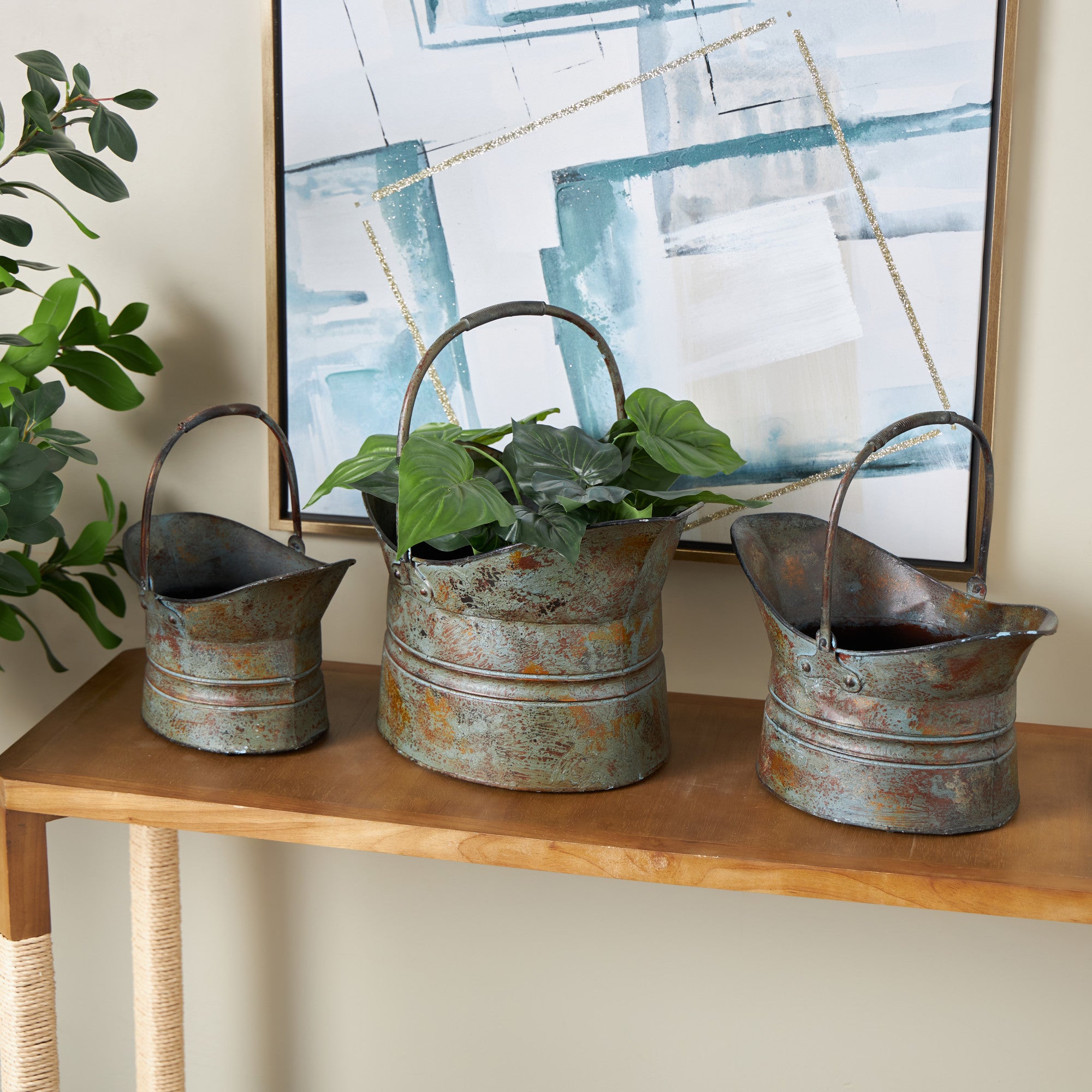 Set of 3 Green Metal Patina Bucket Indoor Outdoor Planter with Copper Accents and Handles