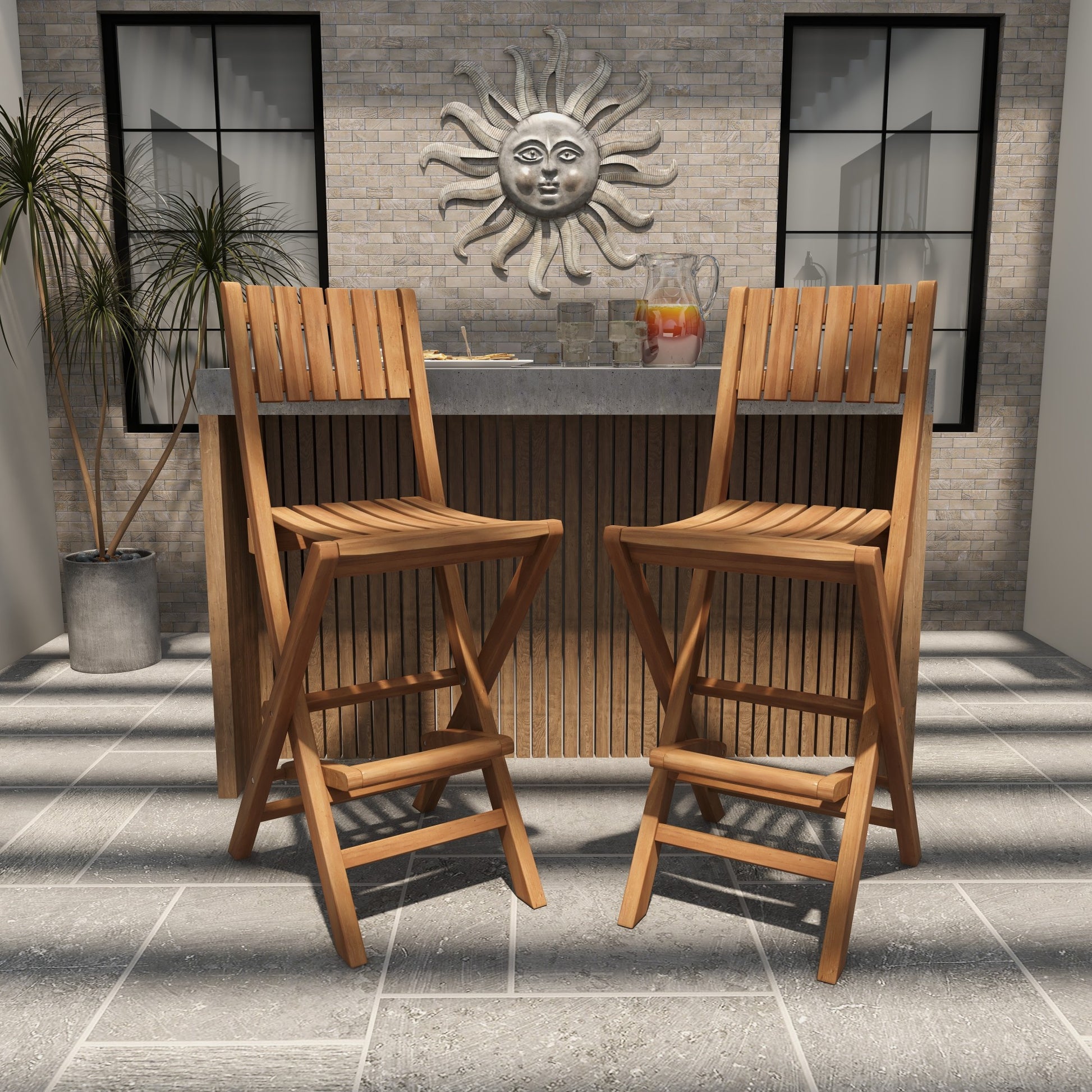 Set of 2 Brown Teak Wood Indoor Outdoor Slatted Folding Kitchen Bar Stool with Footrest