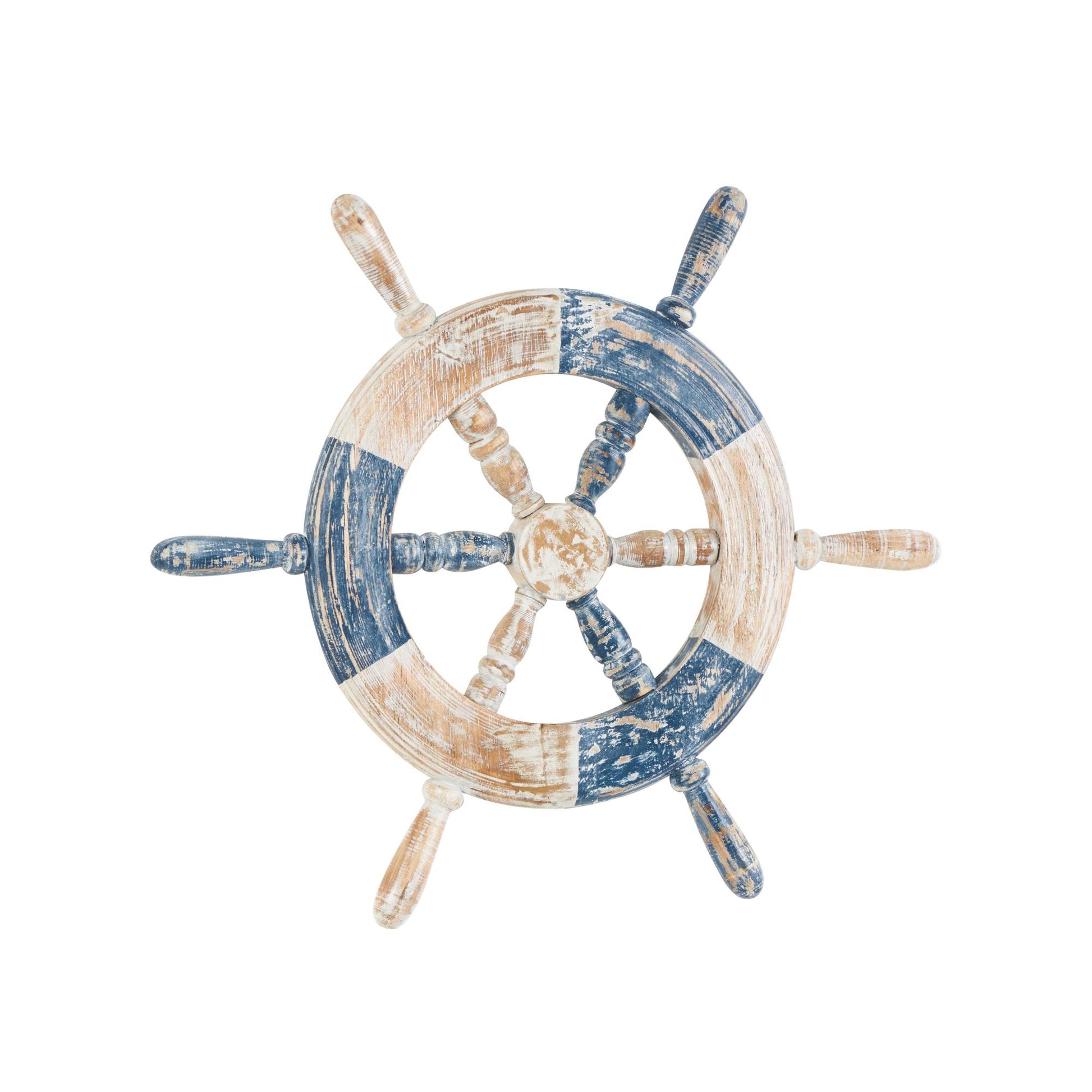 Ship Wheel Blue Wood Distressed Two-Toned Home Wall Decor with Brown Accents