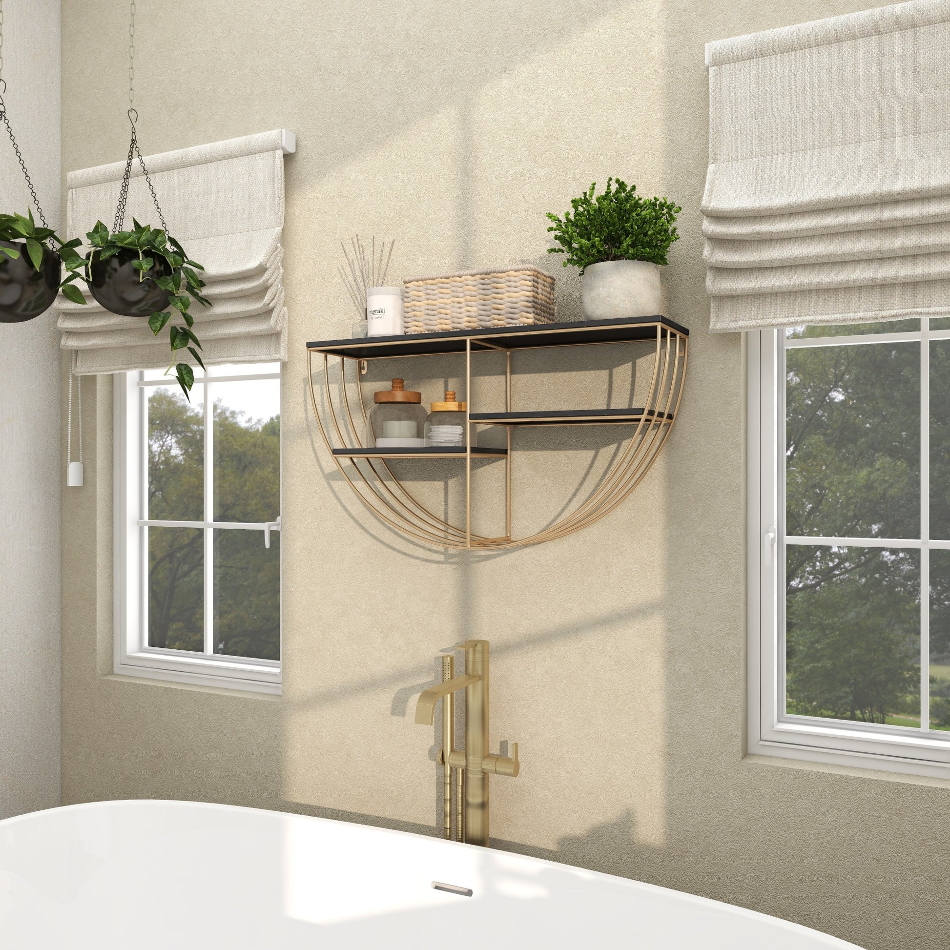 Gold Wooden 3 Shelves Room Wall Shelf with Half Moon Shape