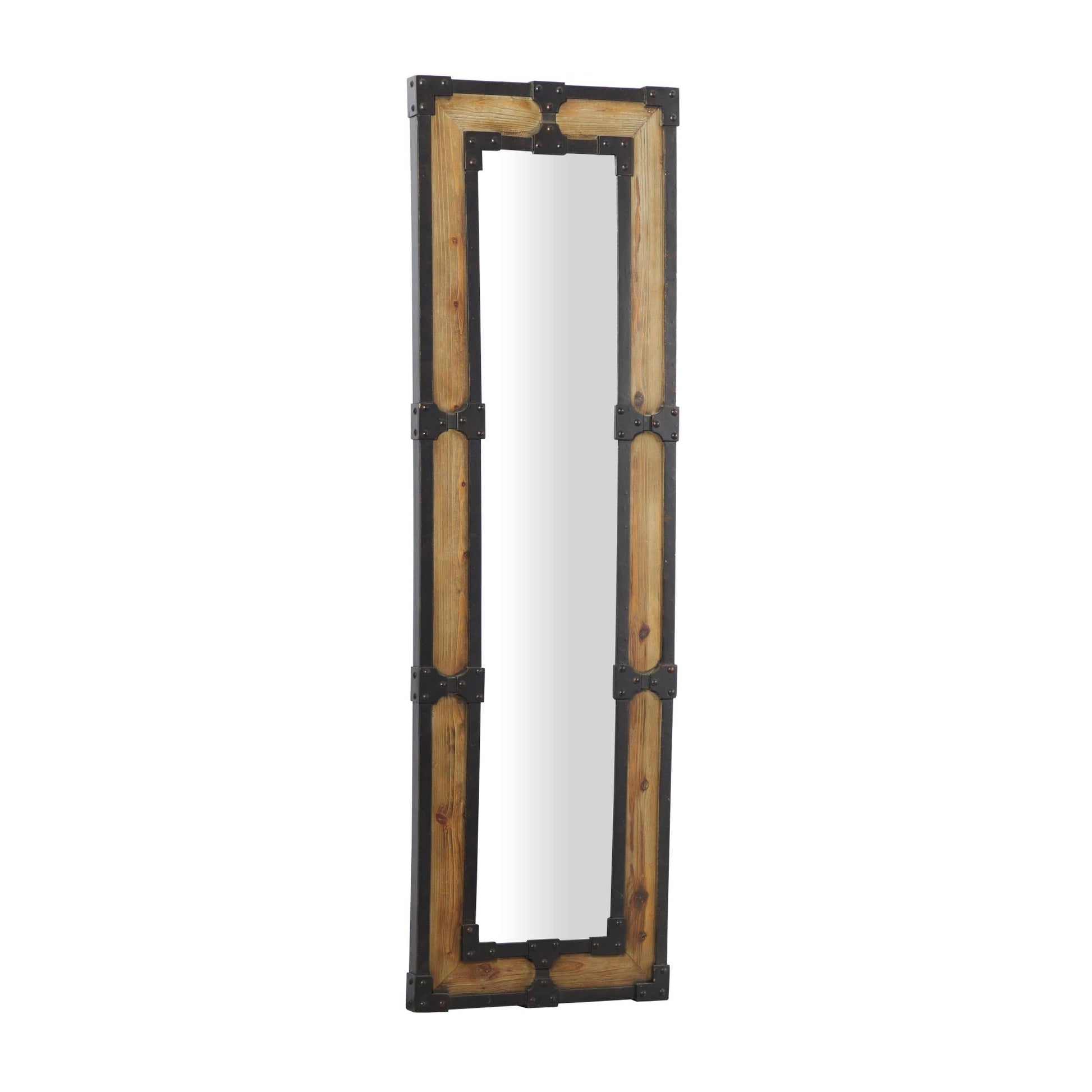 Brown Wood Room Floor Mirror with Black Studded Frame and Foldable Stand