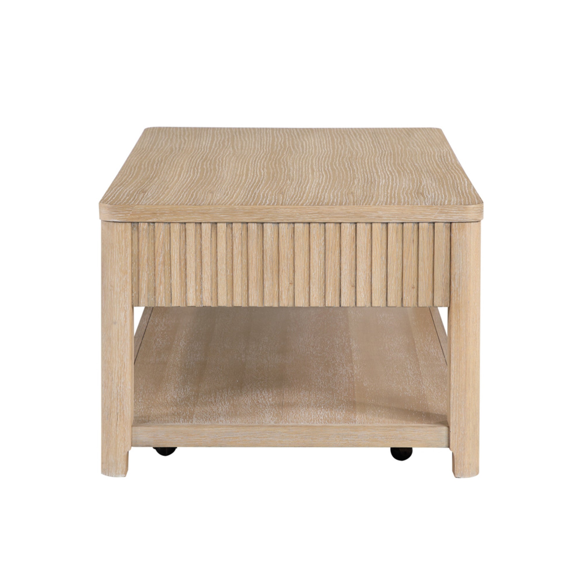 Light Brown Wooden Slatted 2 Drawer Living Room Coffee Table with Silver Handles and Rolling Wheels