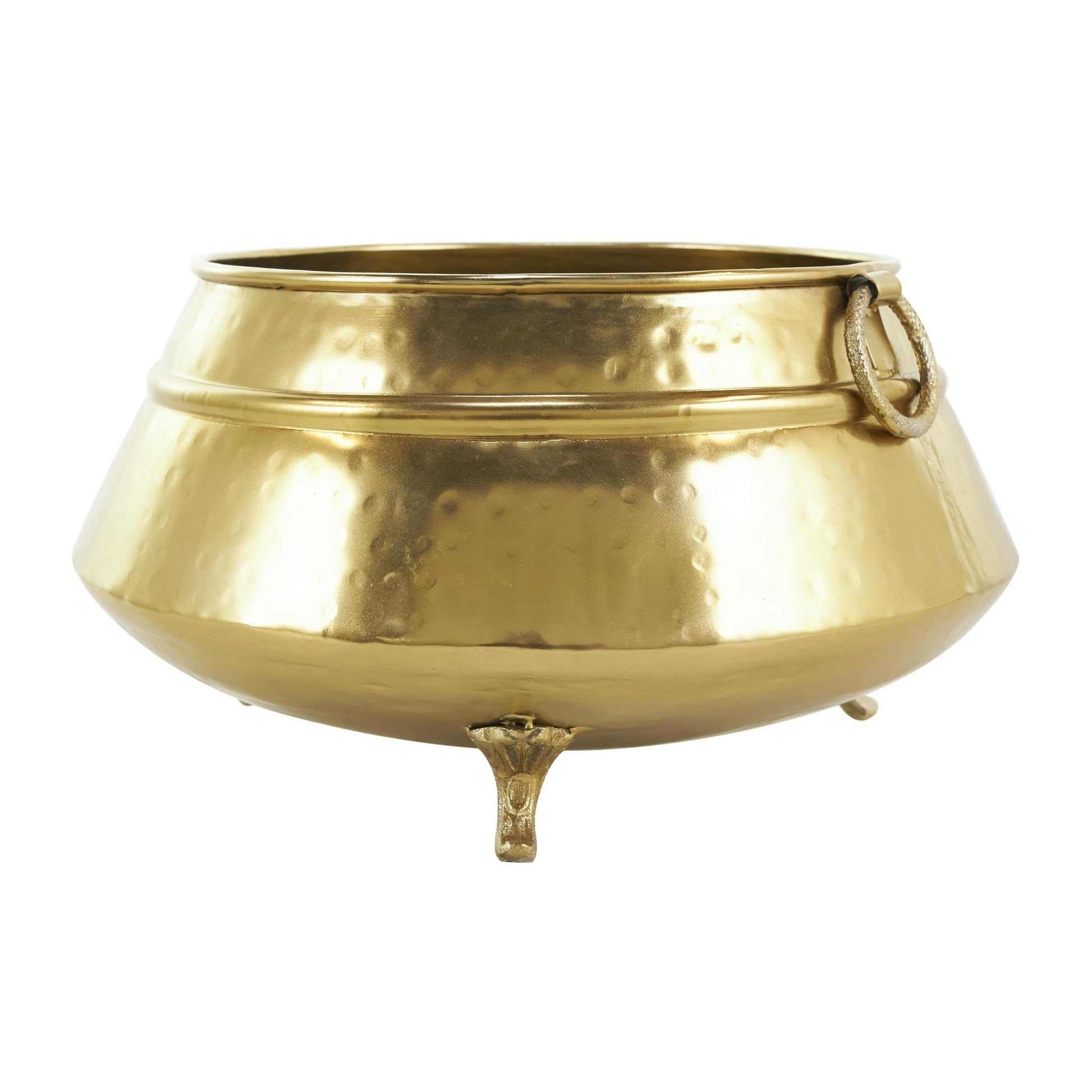 Set of 2 Gold Metal Hammered Pot Indoor Outdoor Planter with Scrolled Feet and Ring Handles