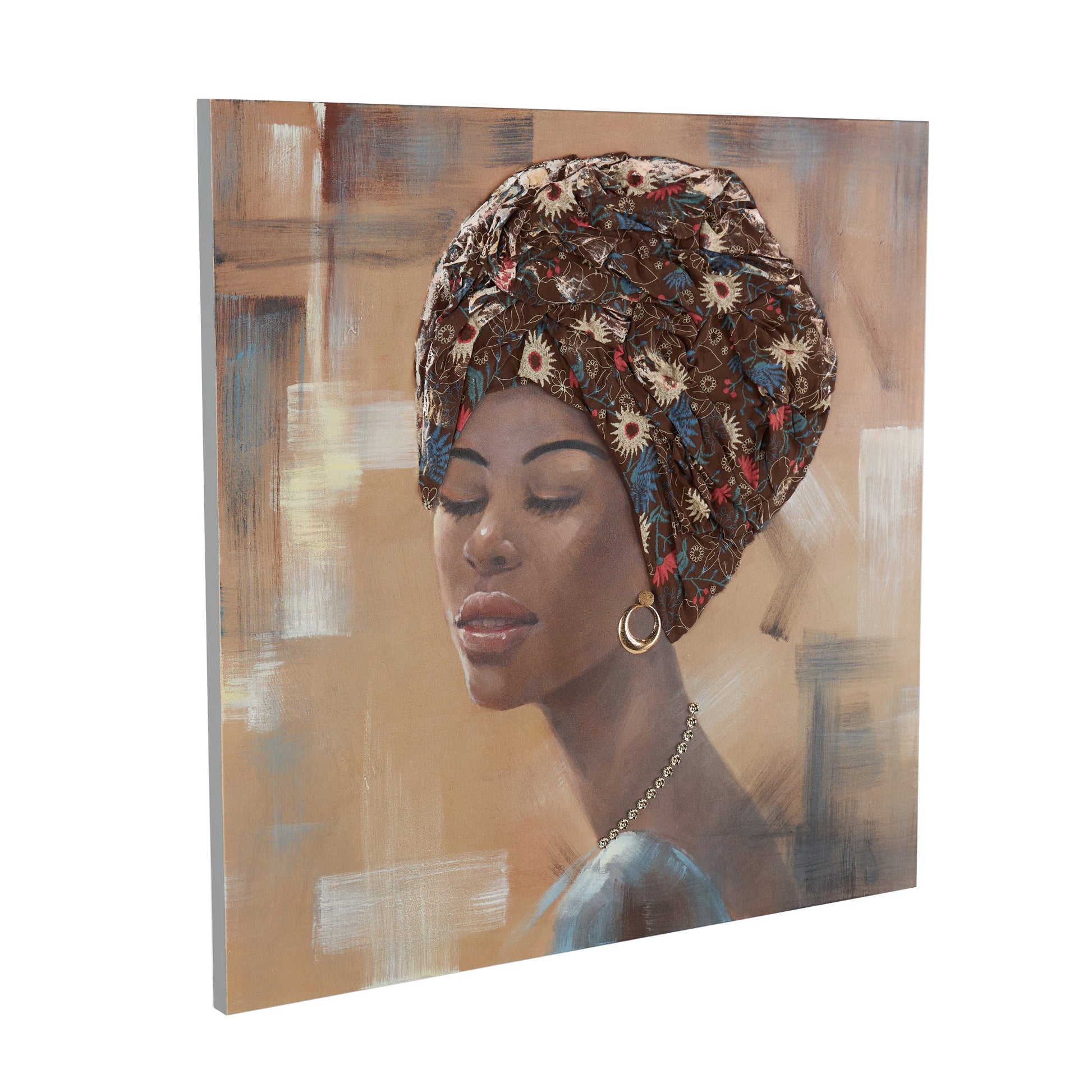 Woman Brown Canvas Decorative Wall Art with 3D Fabric Headwear And Gold Jewels