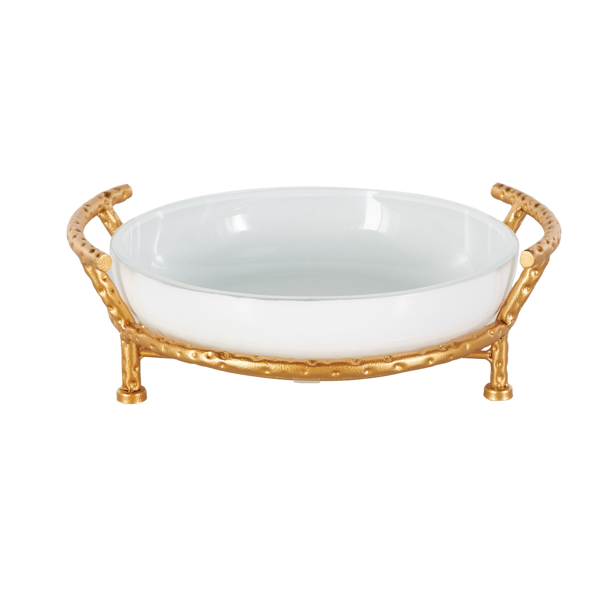 Kitchen White Tempered Glass Decorative Serving Bowl with Gold Metal Stand