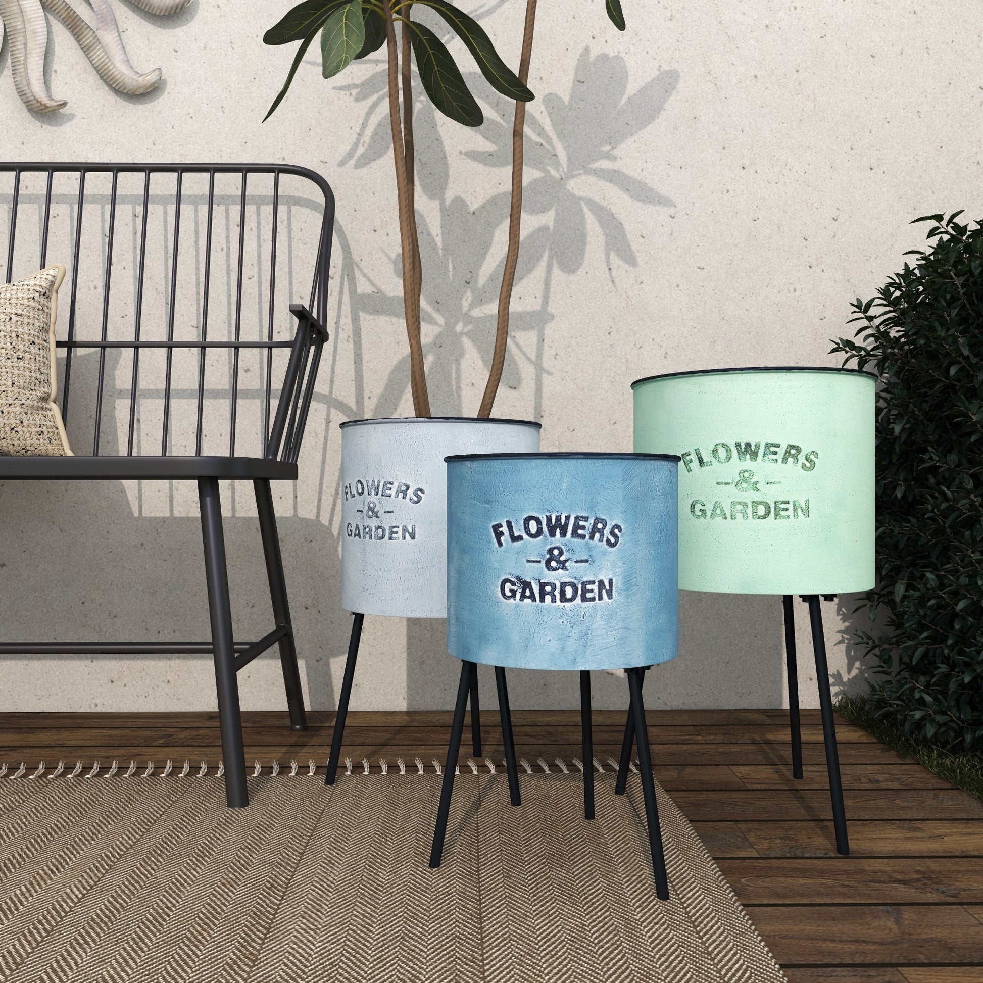 Set of 3 Text Blue Metal Indoor Outdoor Planter with Flowers And Garden Text and Black Tripod Legs