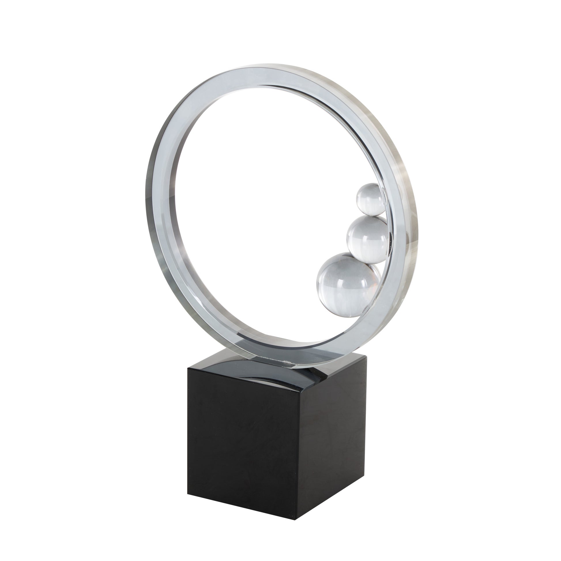 Abstract Clear Glass Ring Decorative Sculpture with Clear Orbs and Black Square Base