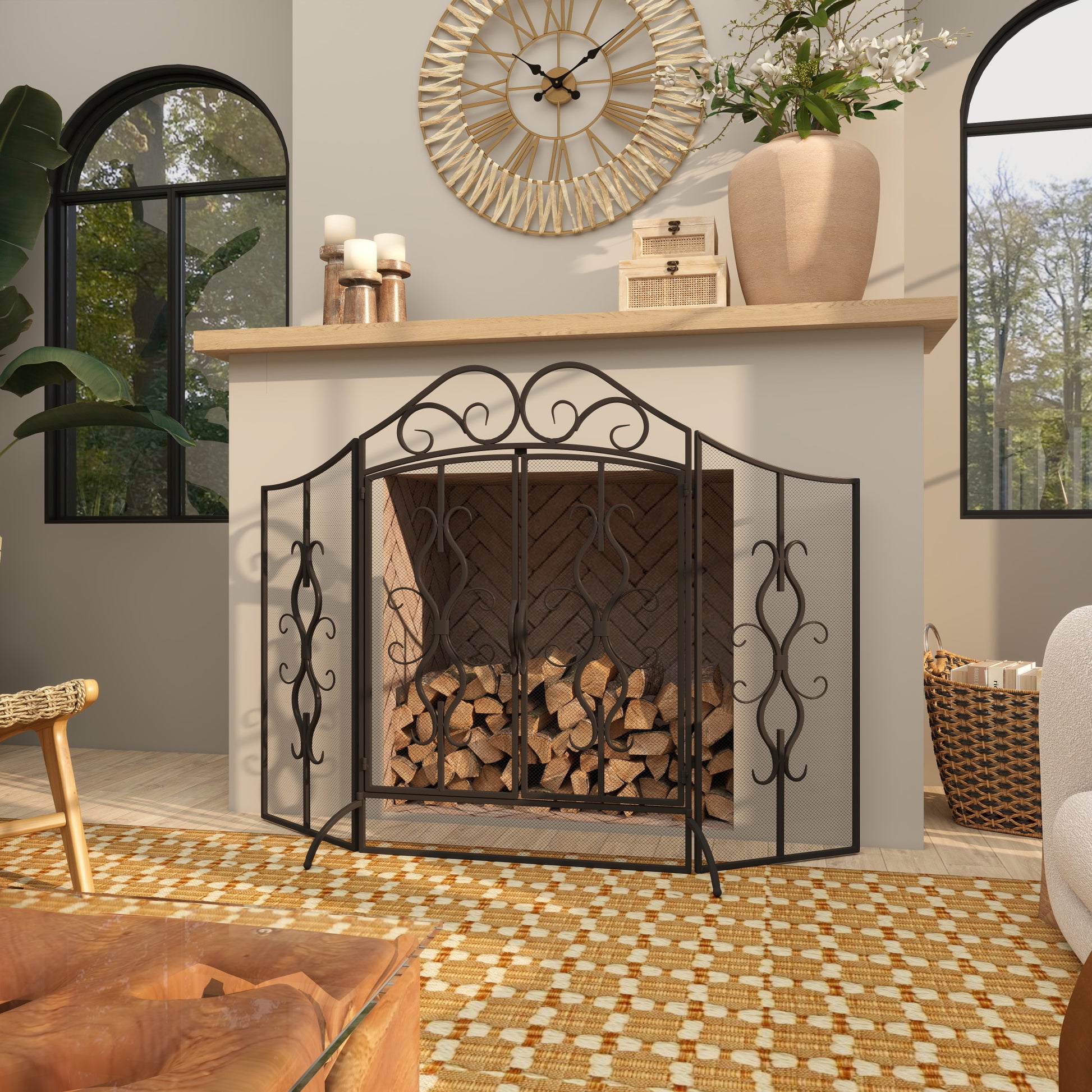 Scroll Black Metal Foldable 3 Panel Living Room Fireplace Screen with Center Door Panels
