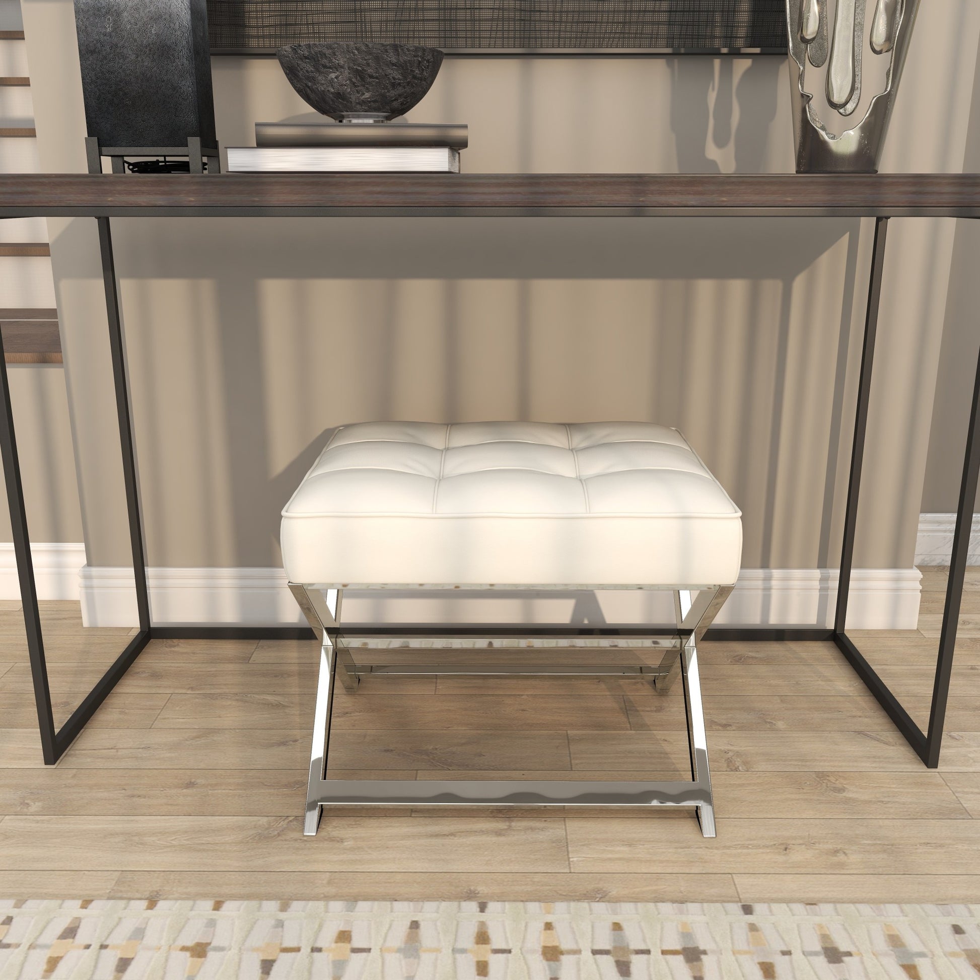 White Leather Living Room Stool with Stainless Steel Supports