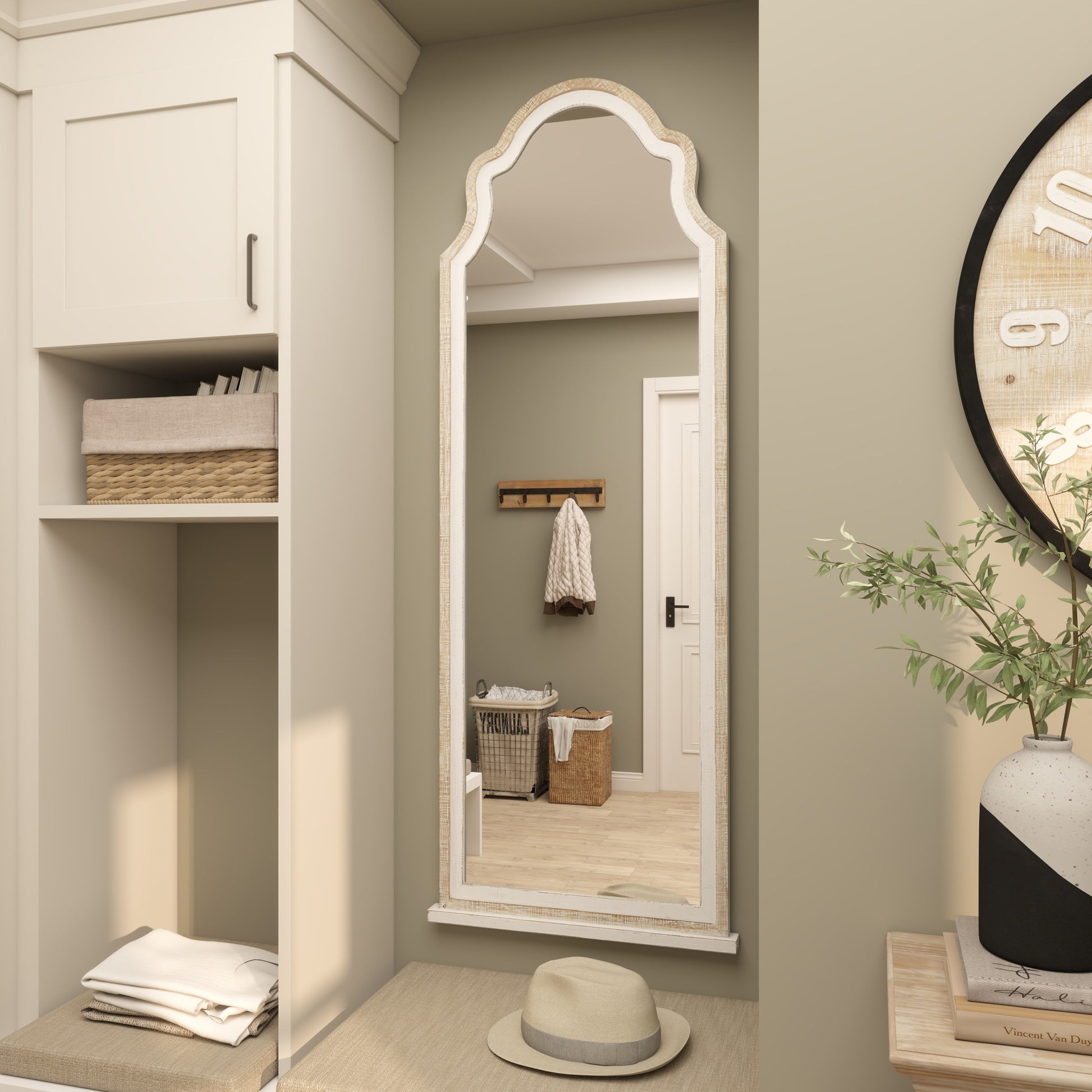 Brown Wood Tall Room Wall Mirror with Arched Top