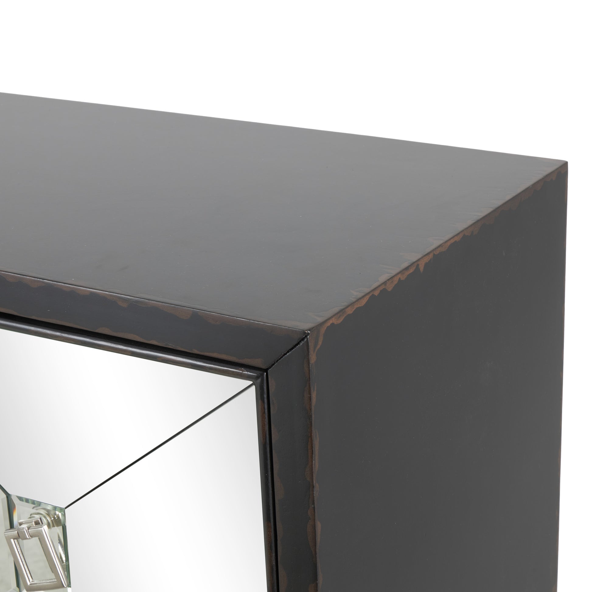 Geometric Black Wooden Distressed 4 Door Living Room Console Table with Square Mirrored Front Panels and Silver Rectangular Handles