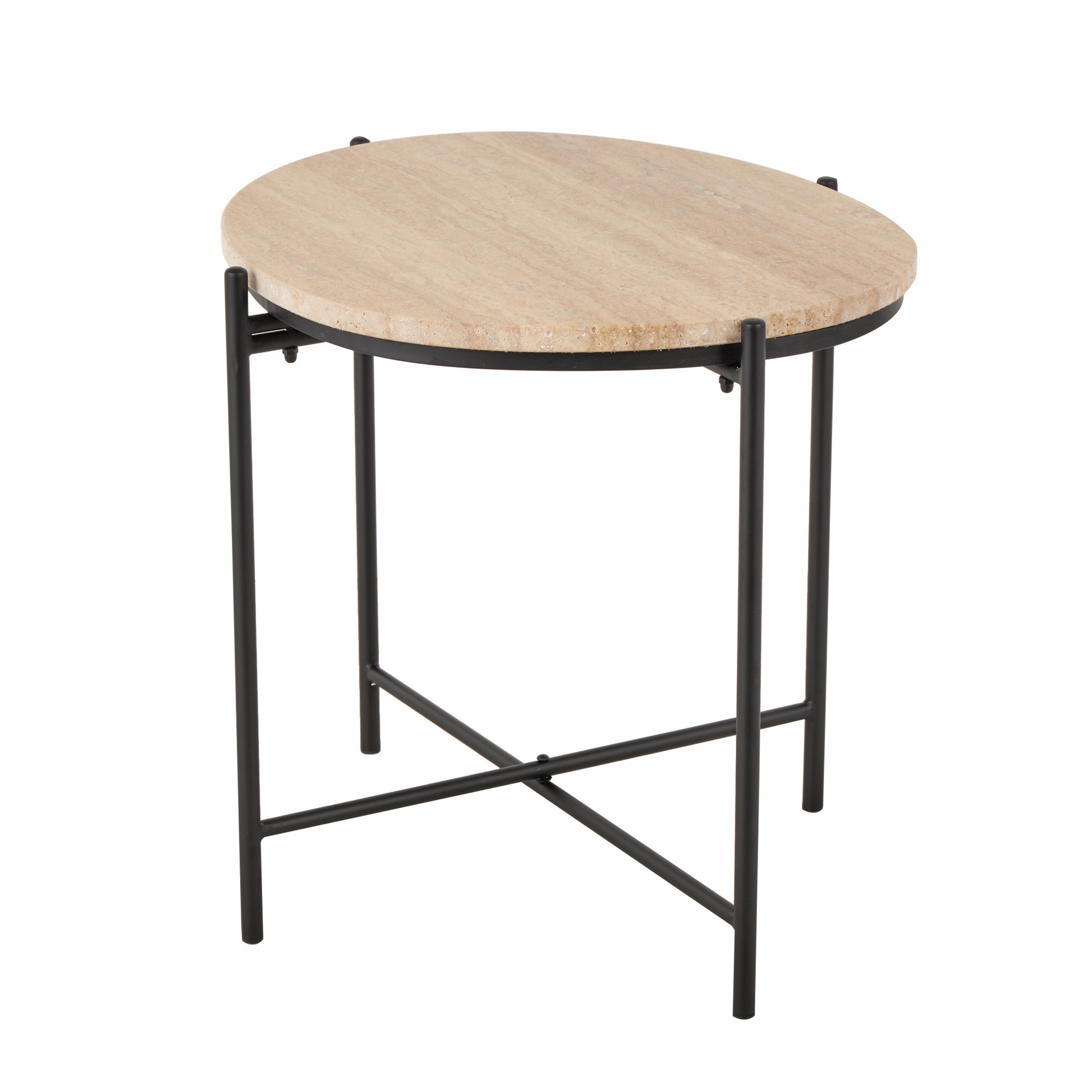 Beige Marble Round Side End Accent Table with Black Metal Support