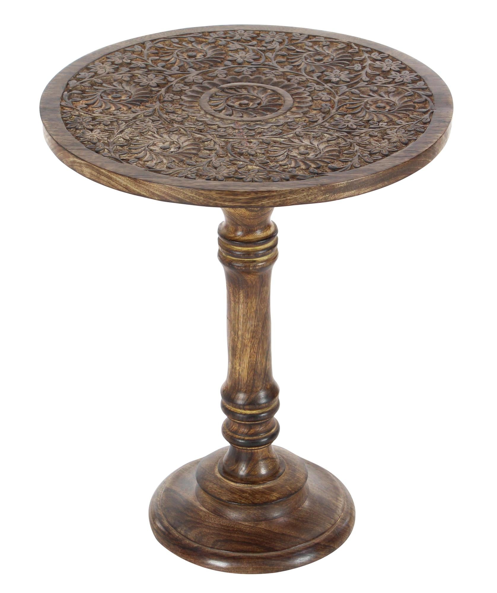 Elephant Mango Wood Handmade Intricately Carved Side End Accent Table with Turned Base