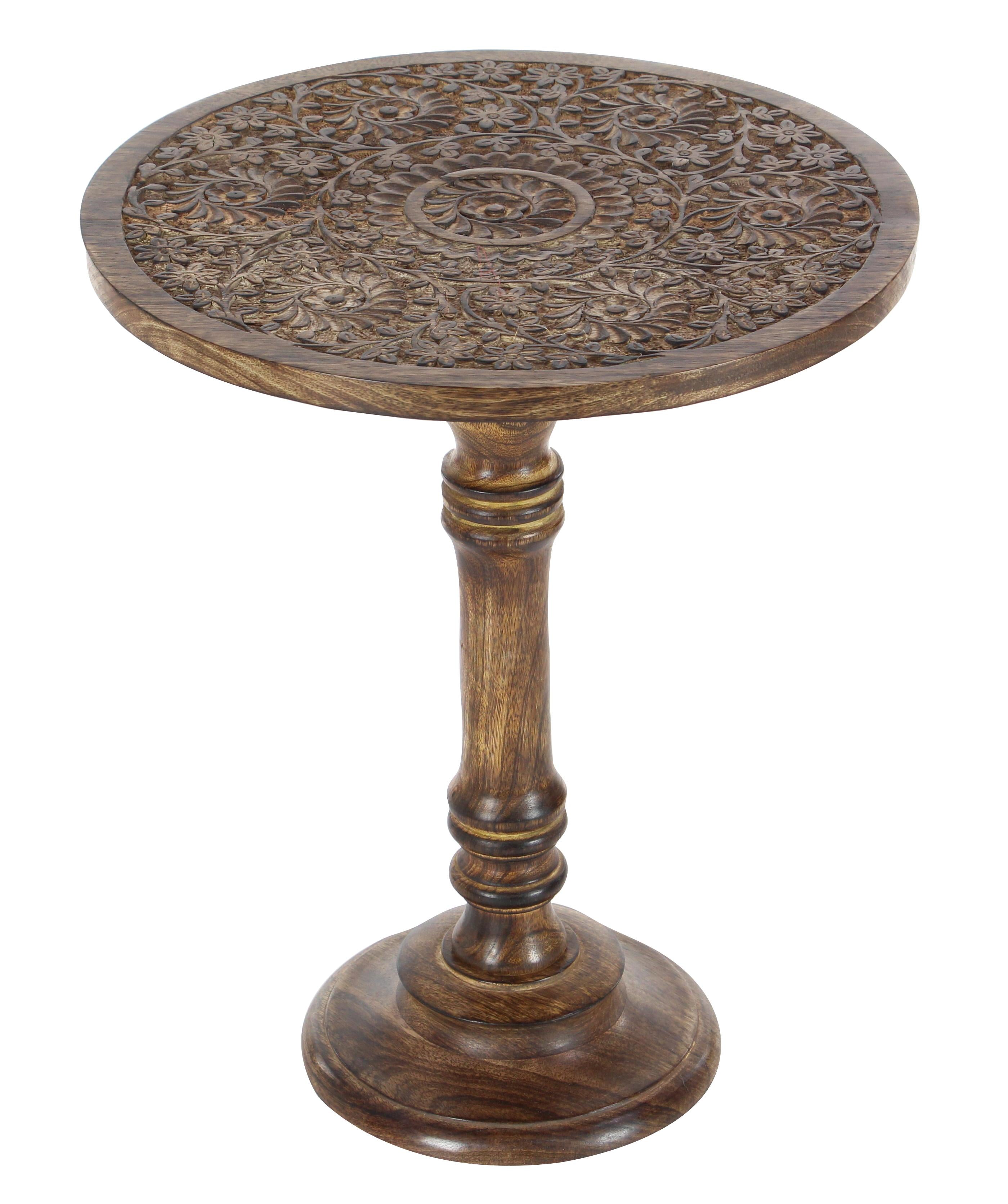 Elephant Mango Wood Handmade Intricately Carved Side End Accent Table with Turned Base
