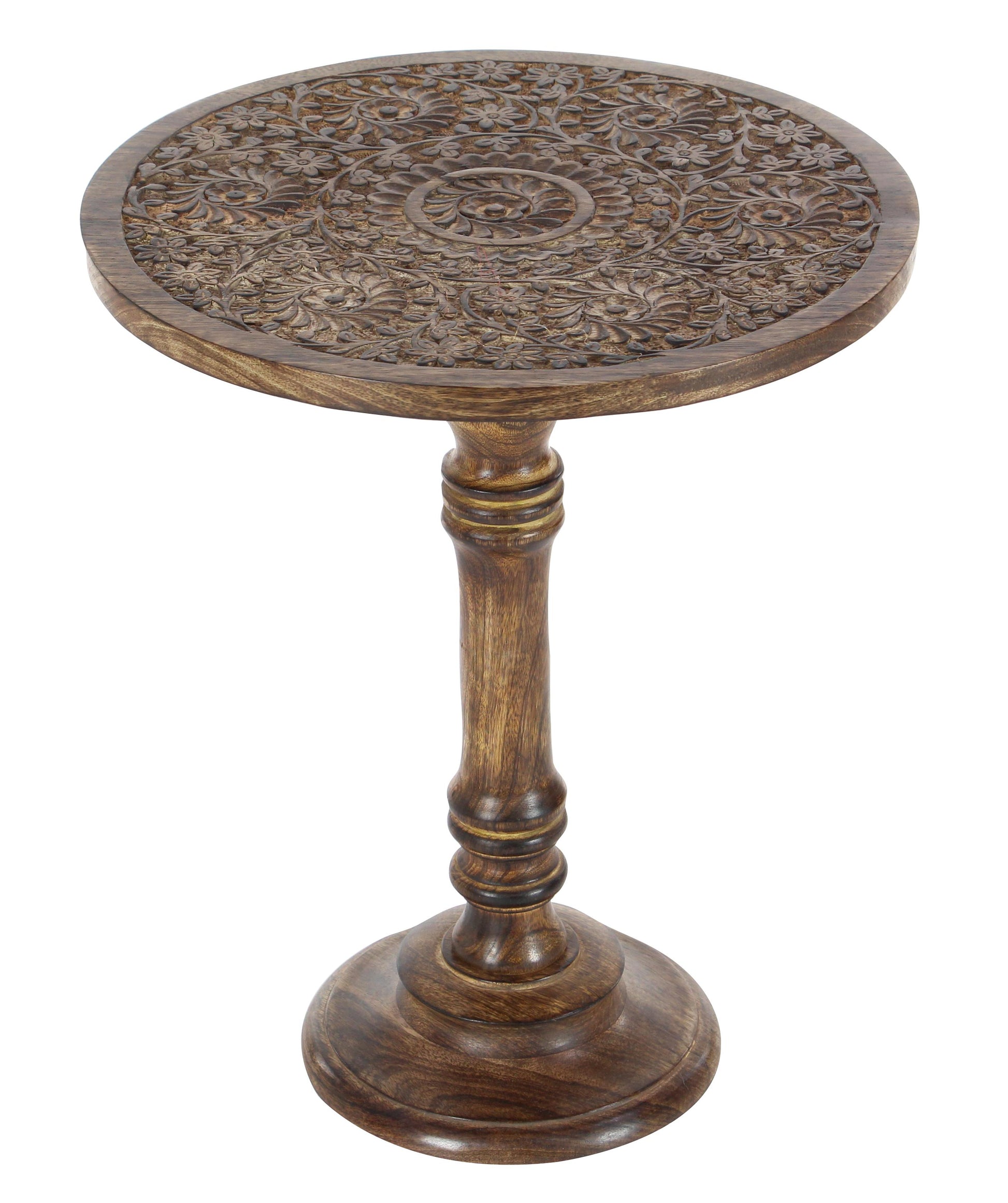 Elephant Mango Wood Handmade Intricately Carved Side End Accent Table with Turned Base