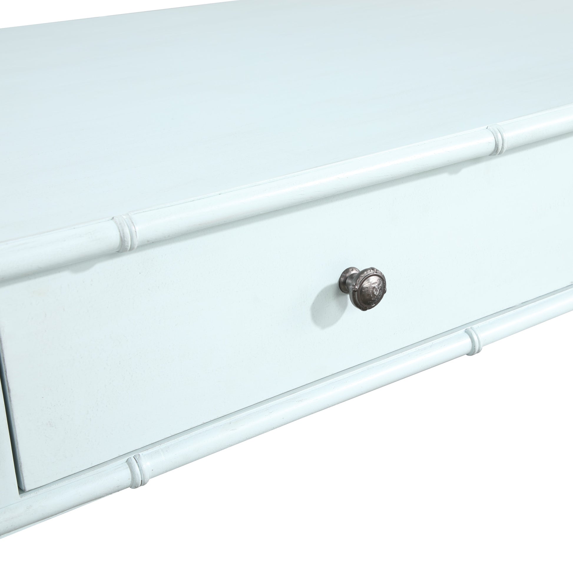 Light Blue Wood 2 Drawer Living Room Coffee Table with Bamboo Inspired Detailing and Bronze Knobs