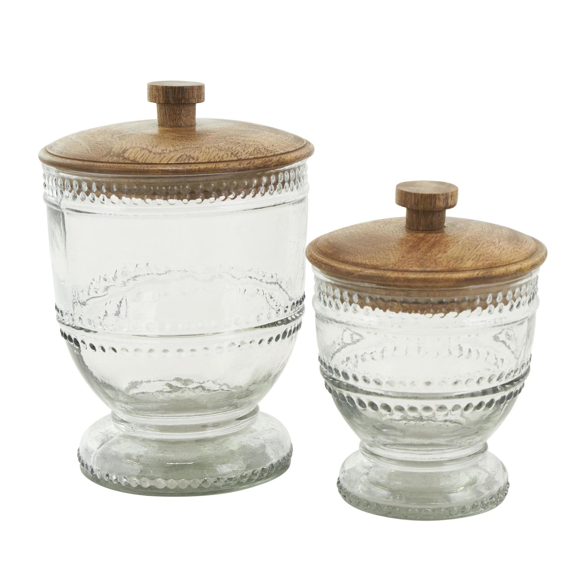 Set of 2 Clear Glass Beaded Living Room Decorative Jars with Wood Lids