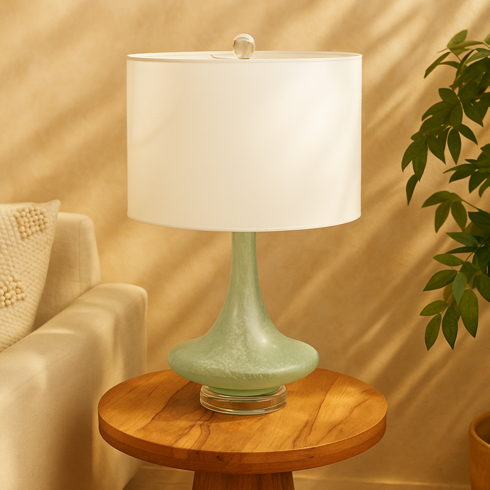 Teal Glass Textured Frosted Round Room Table Lamp with White Drum Shade and Silver Base