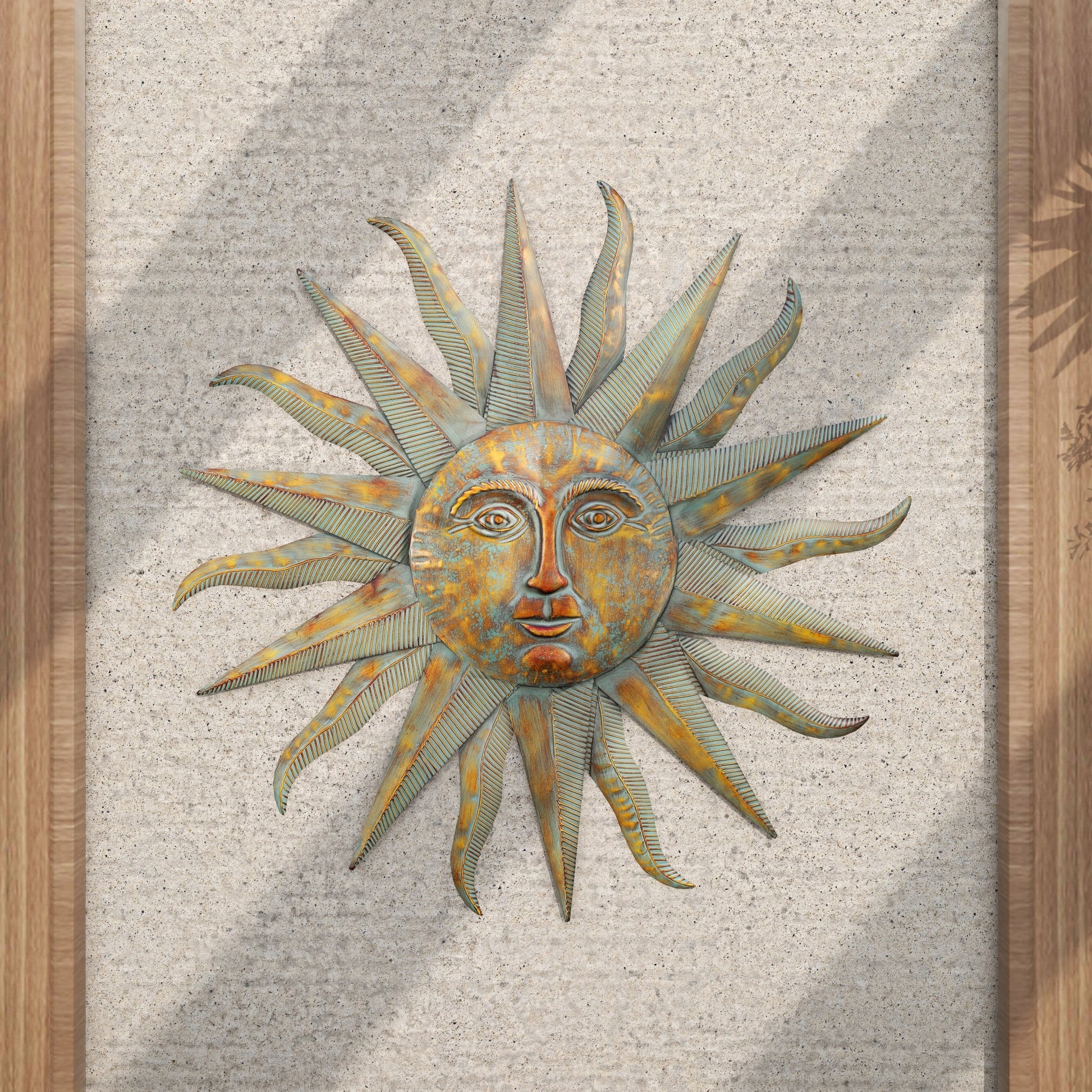 Sun Green Metal Indoor Outdoor Face Home Wall Decor with Grooves and Gold Accents