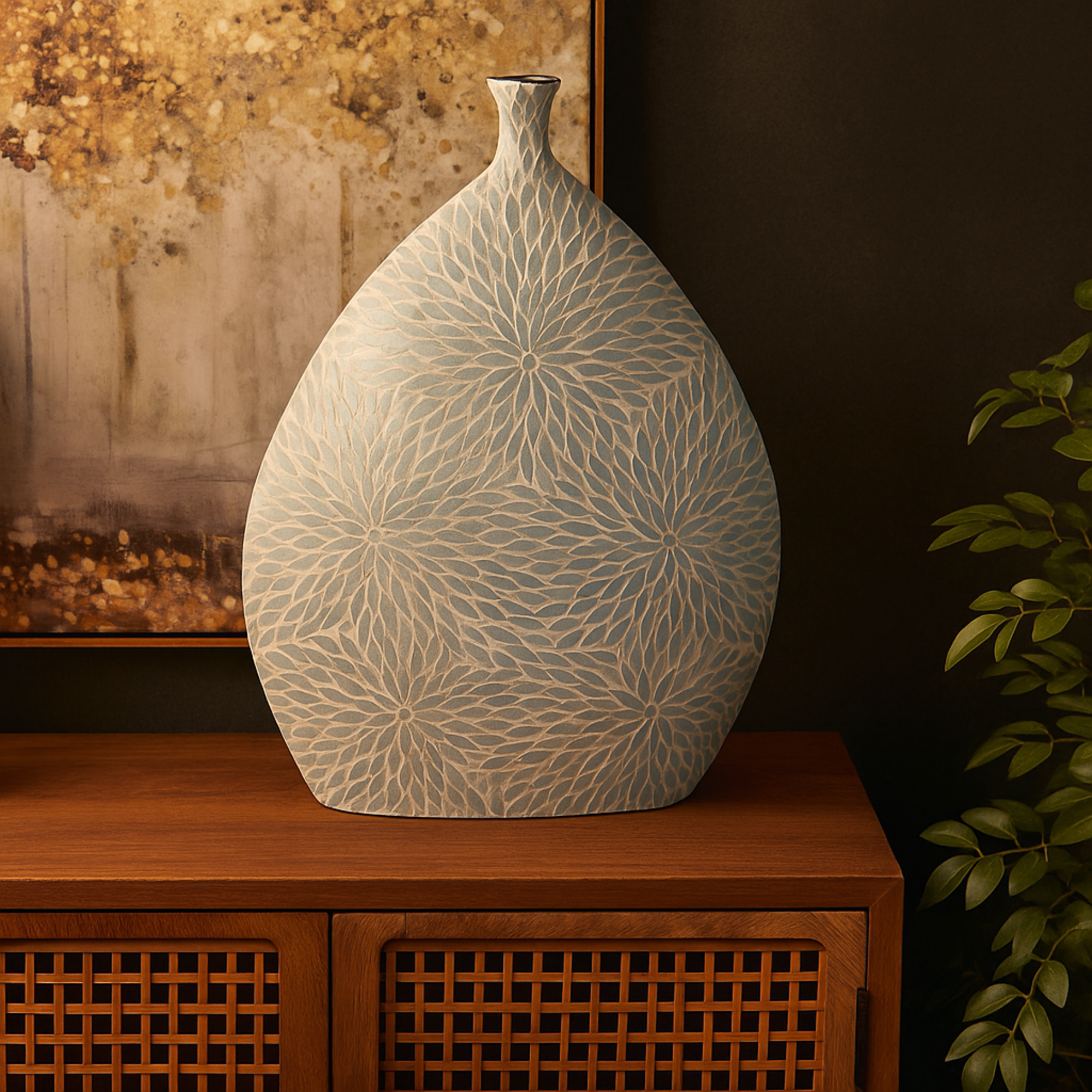 Floral Mother of Pearl Shell Handmade Large Mosaic Decorative Vase with Cream Underlay