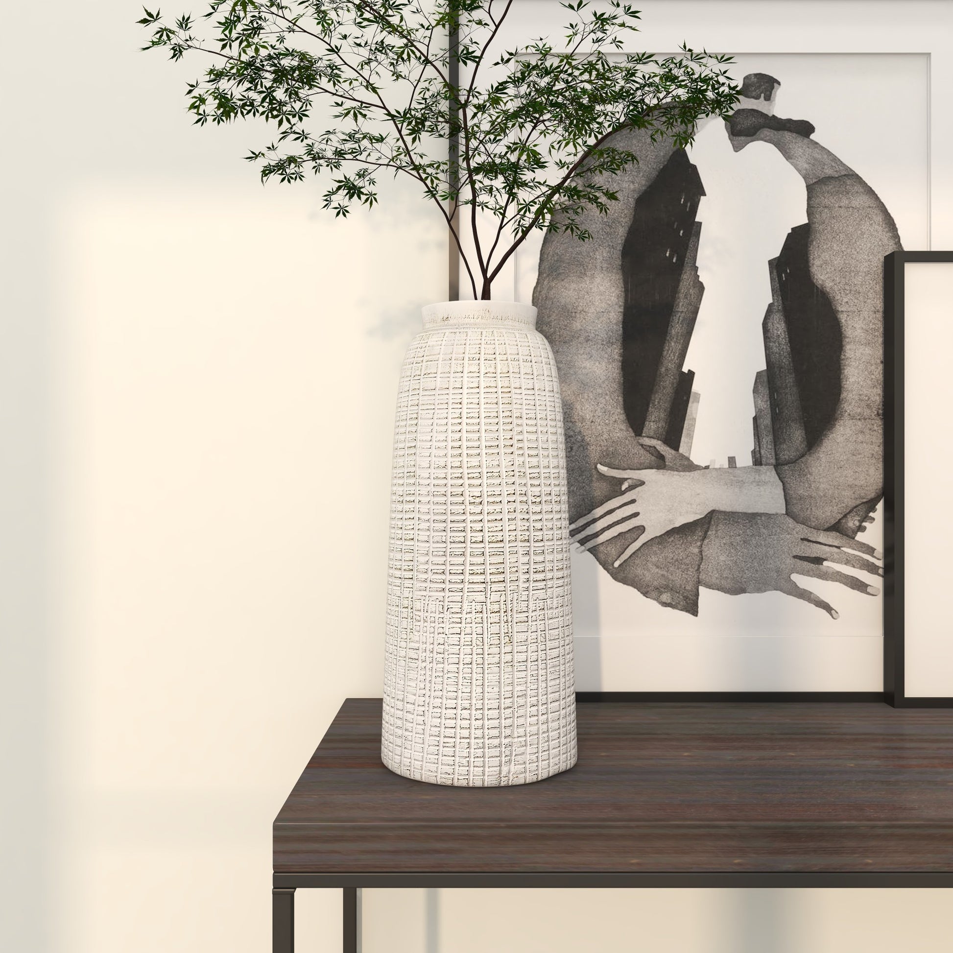 White Ceramic Textured Crosshatch Decorative Vase with Crosshatch Design