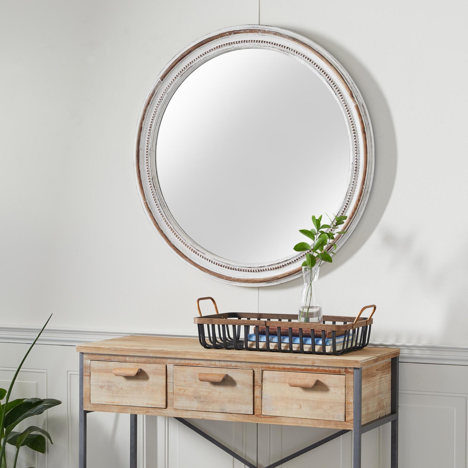 White Wood Room Wall Mirror with Bead Detailing