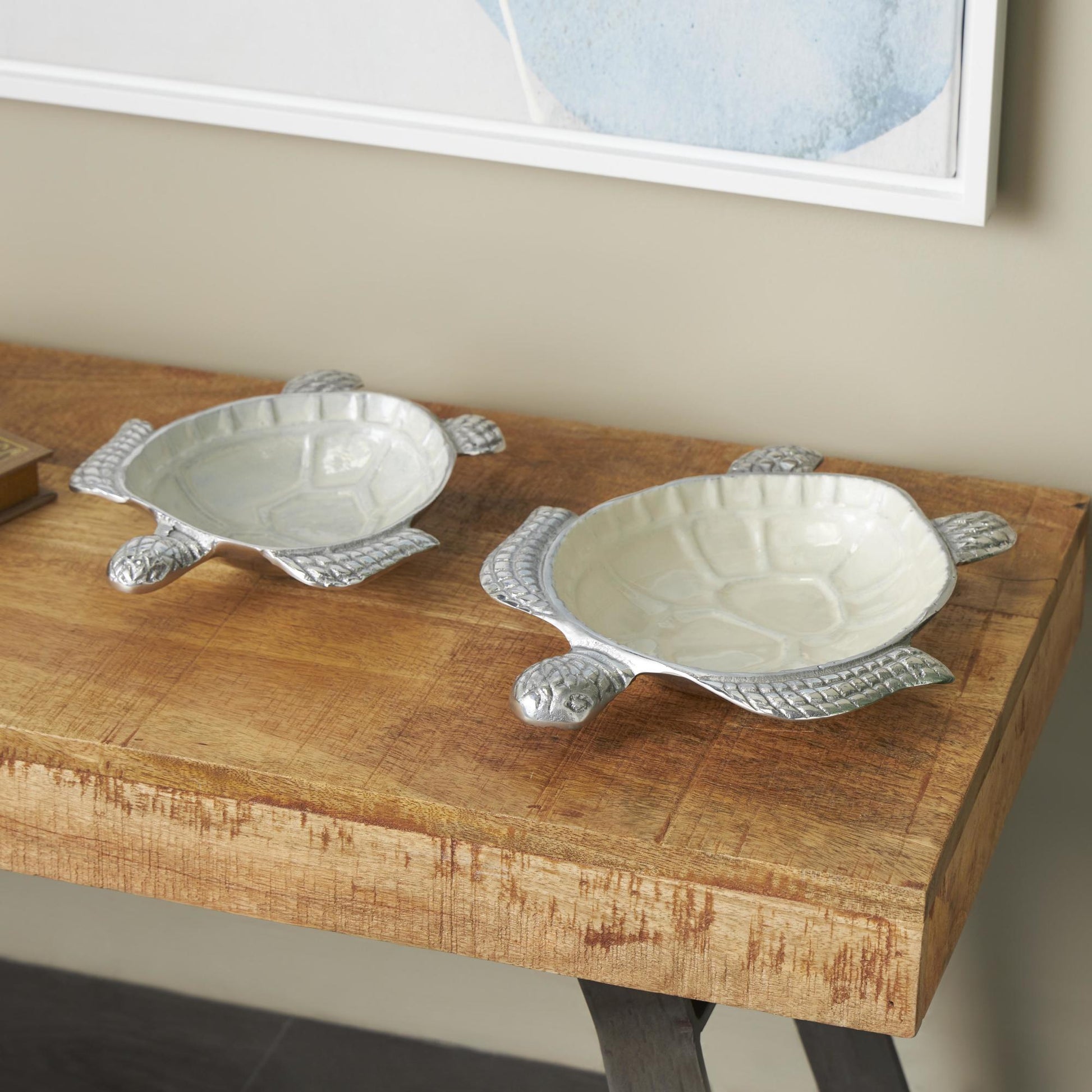 Set of 2 Turtle Aluminum Metal Handmade Enameled Large Decorative Bowl with Silver Metal Exterior