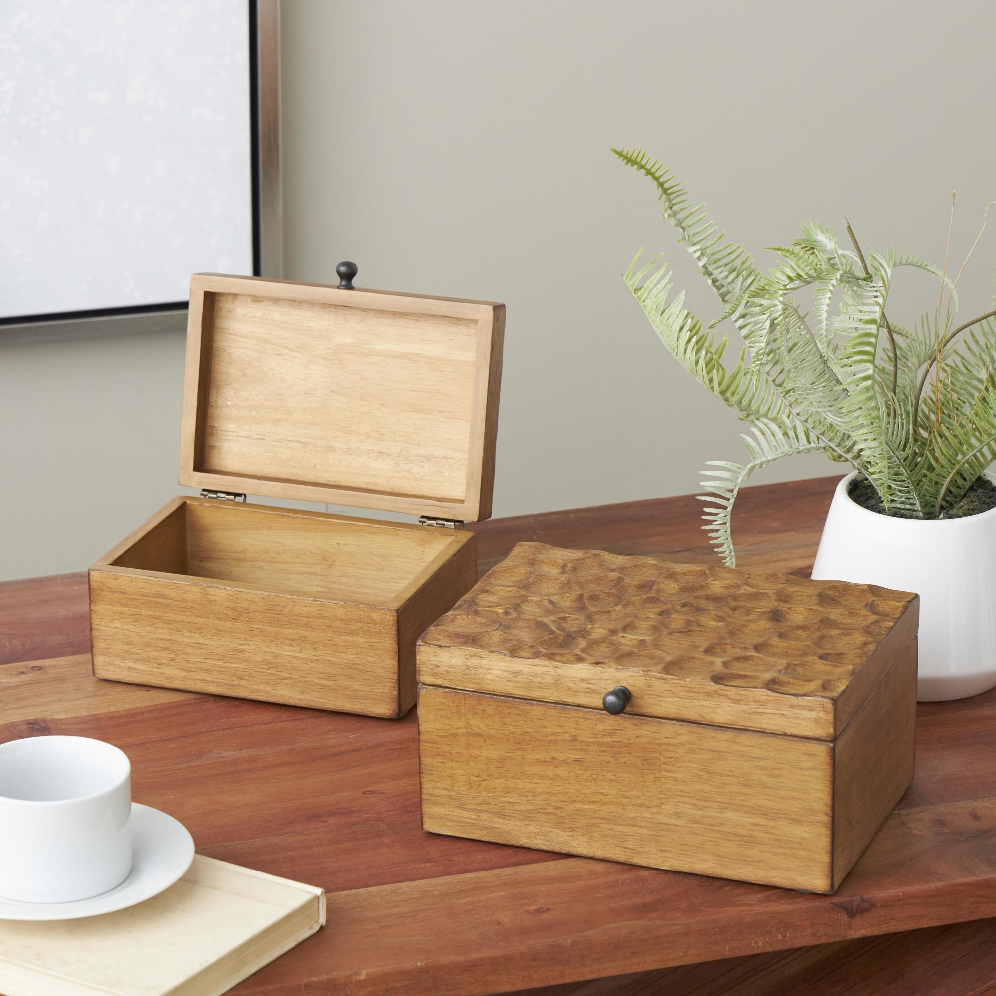 Set of 2 Geometric Brown Wood Textured Concave Honeycomb Storage Decorative Box with Black Knobs