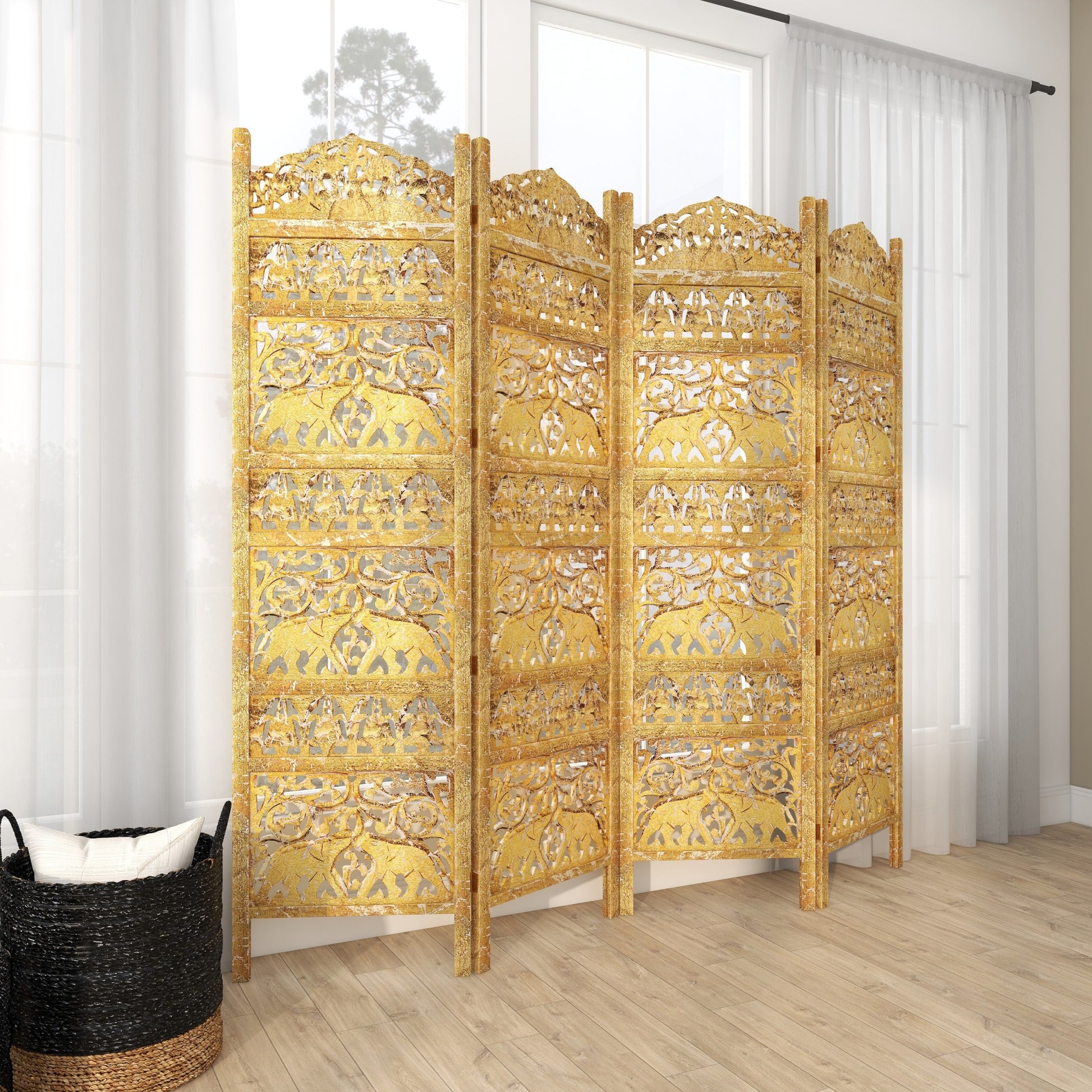 Scroll Gold Wooden Handmade Foldable Partition 4 Panel Partition Room Divider Screen with Carved Elephant Accents