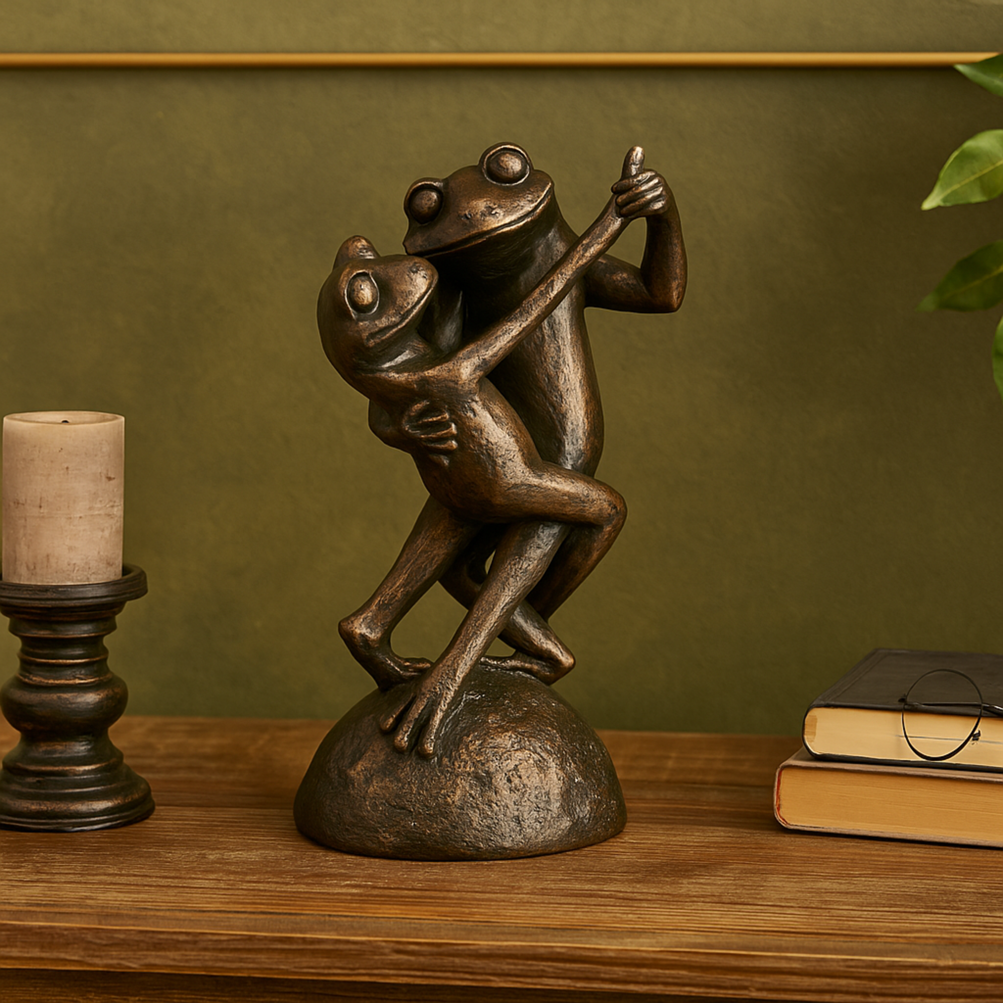 Frog Bronze Resin Patina Dancing Decorative Sculpture with Rock Base